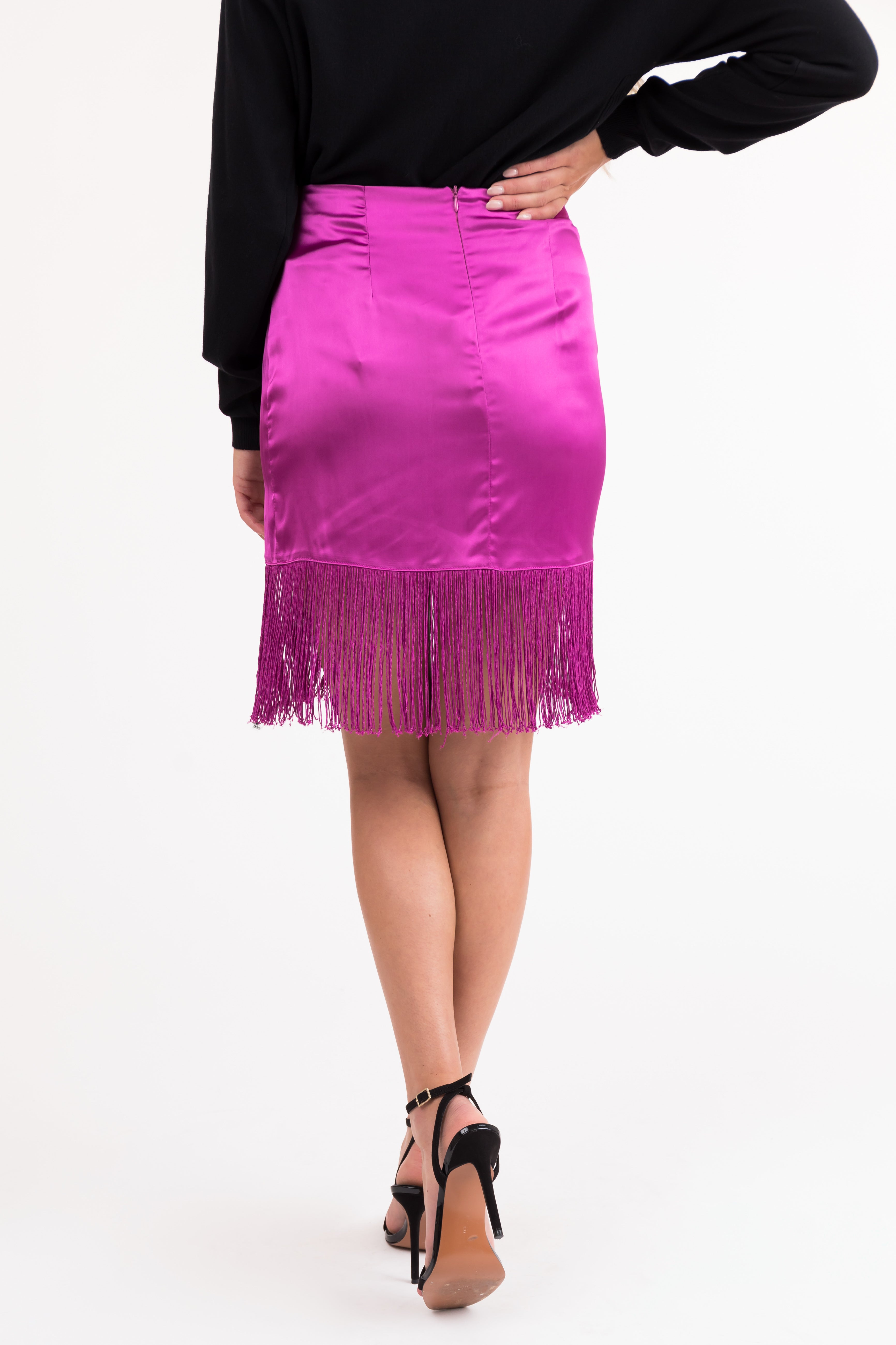 Fuchsia Satin Mini Skirt with Fringe-Newayad