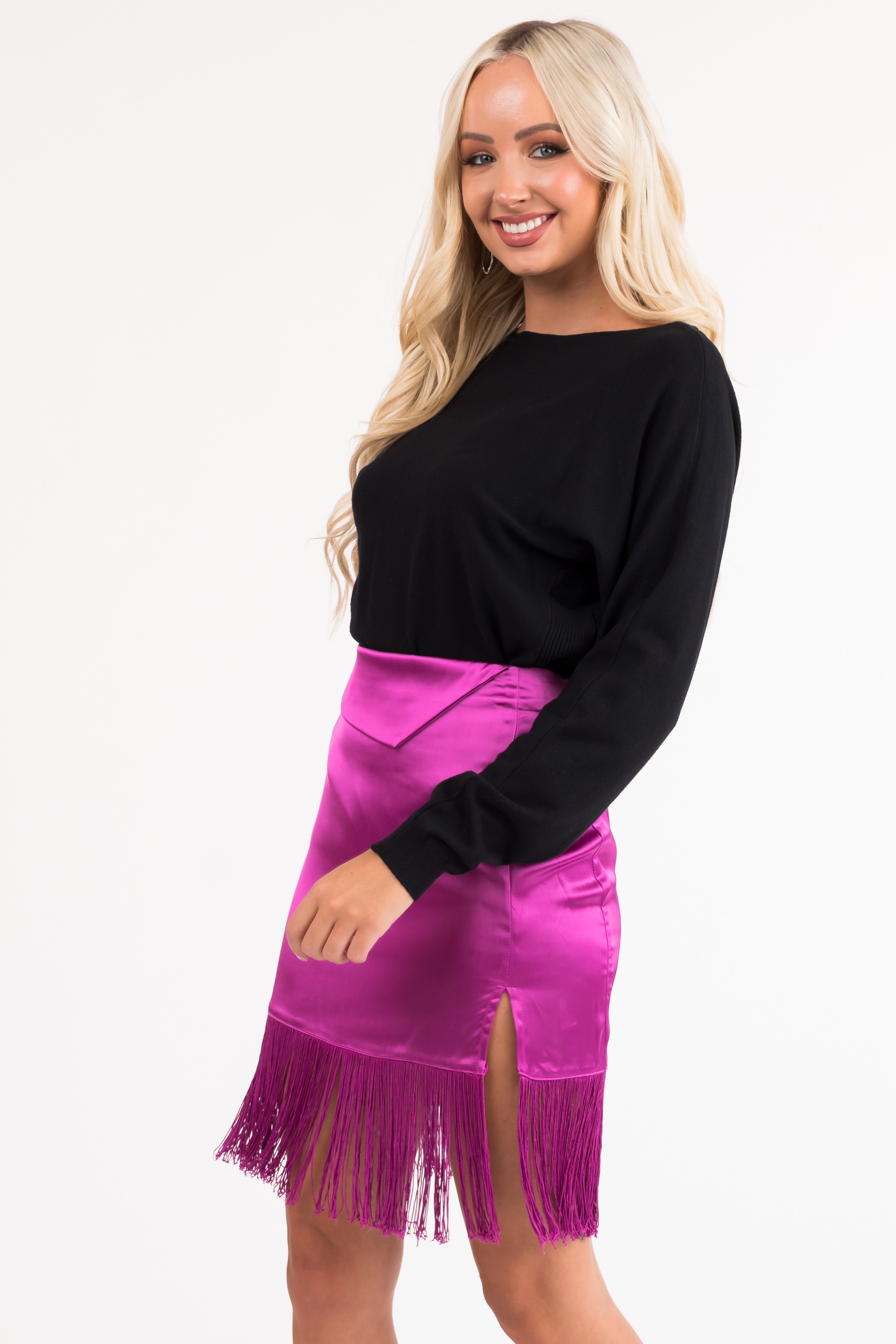 Fuchsia Satin Mini Skirt with Fringe-Newayad