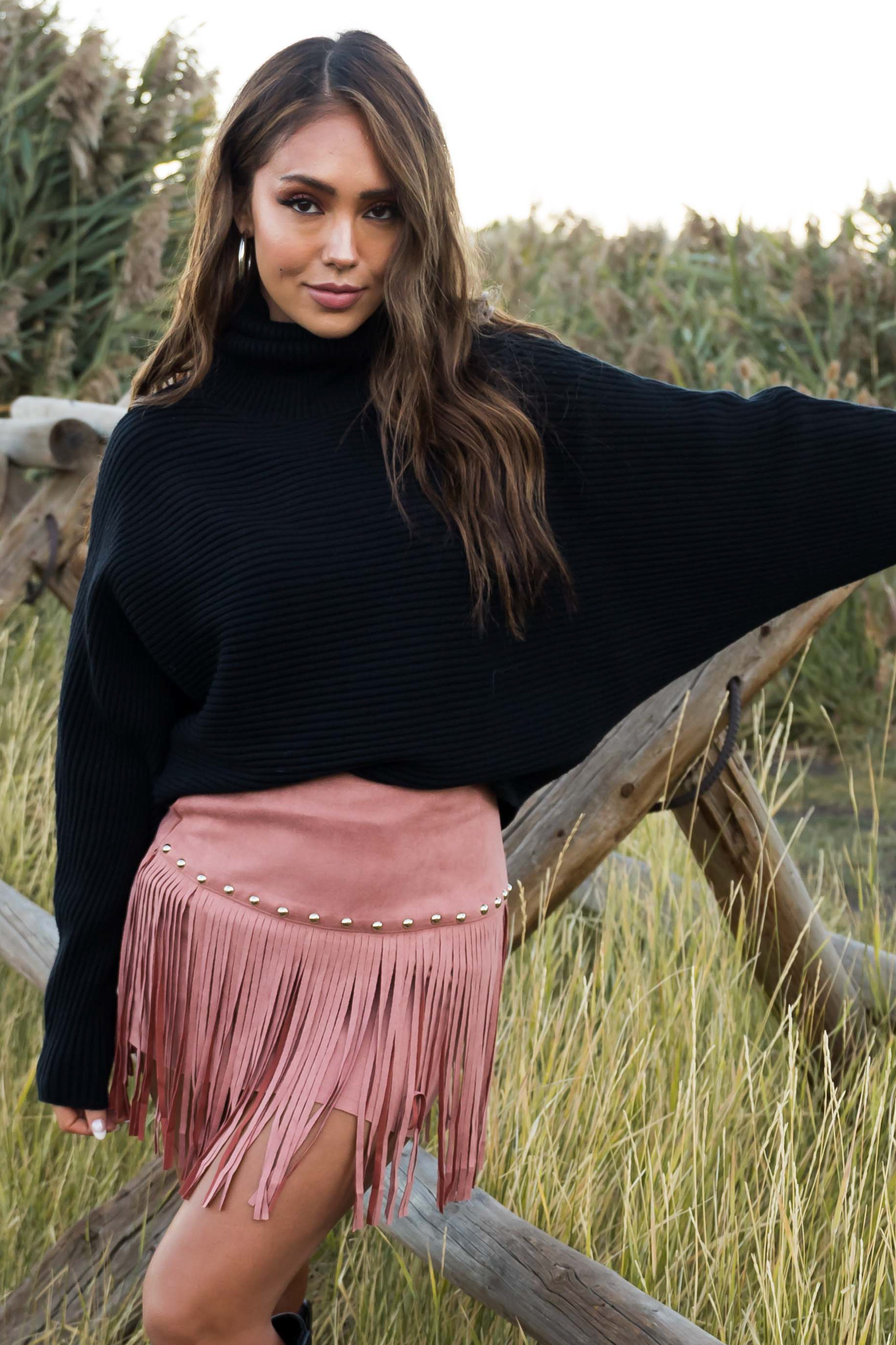 Ginger Faux Suede Fringe Mini Skirt-Newayad