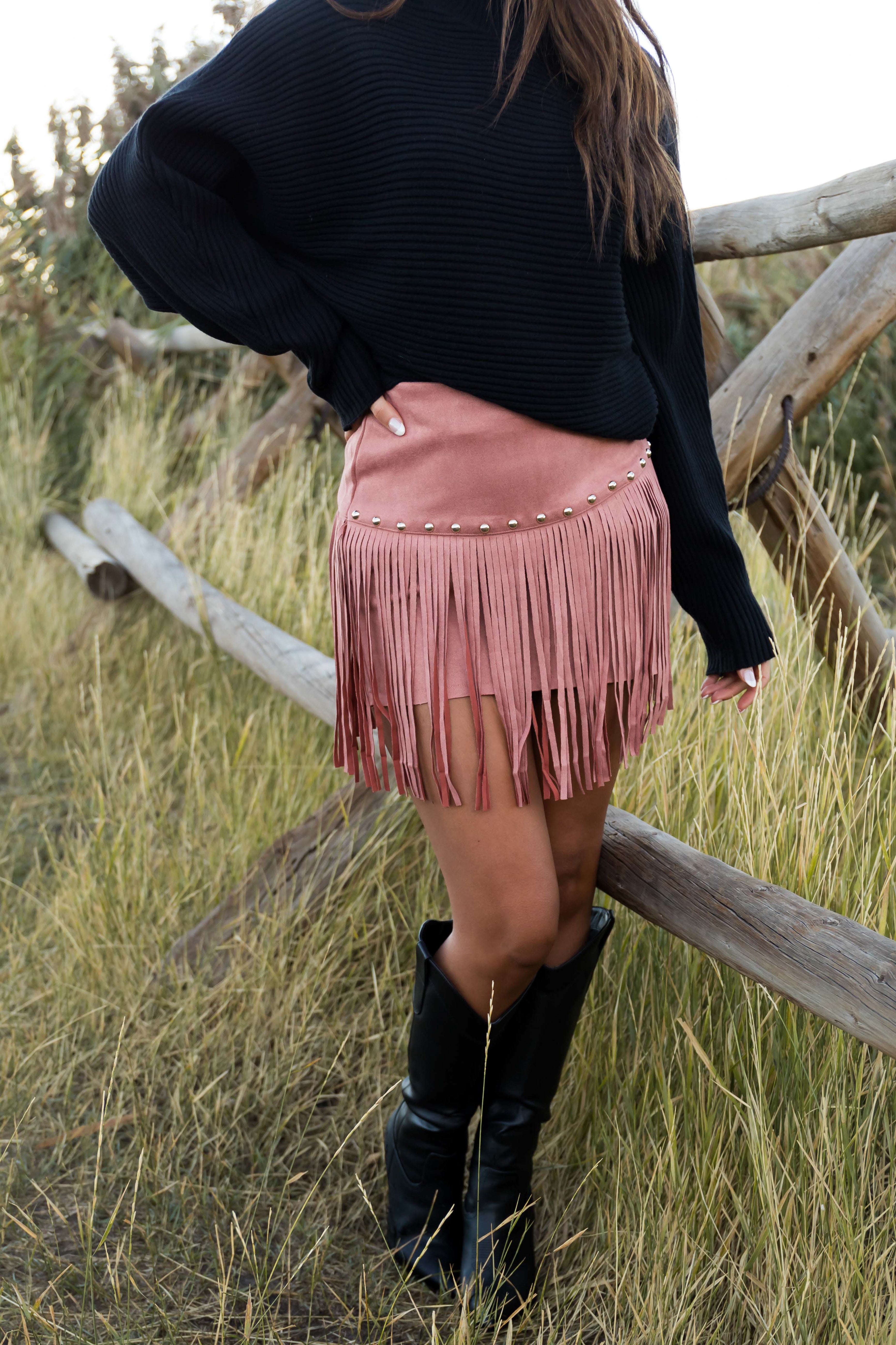 Ginger Faux Suede Fringe Mini Skirt-Newayad