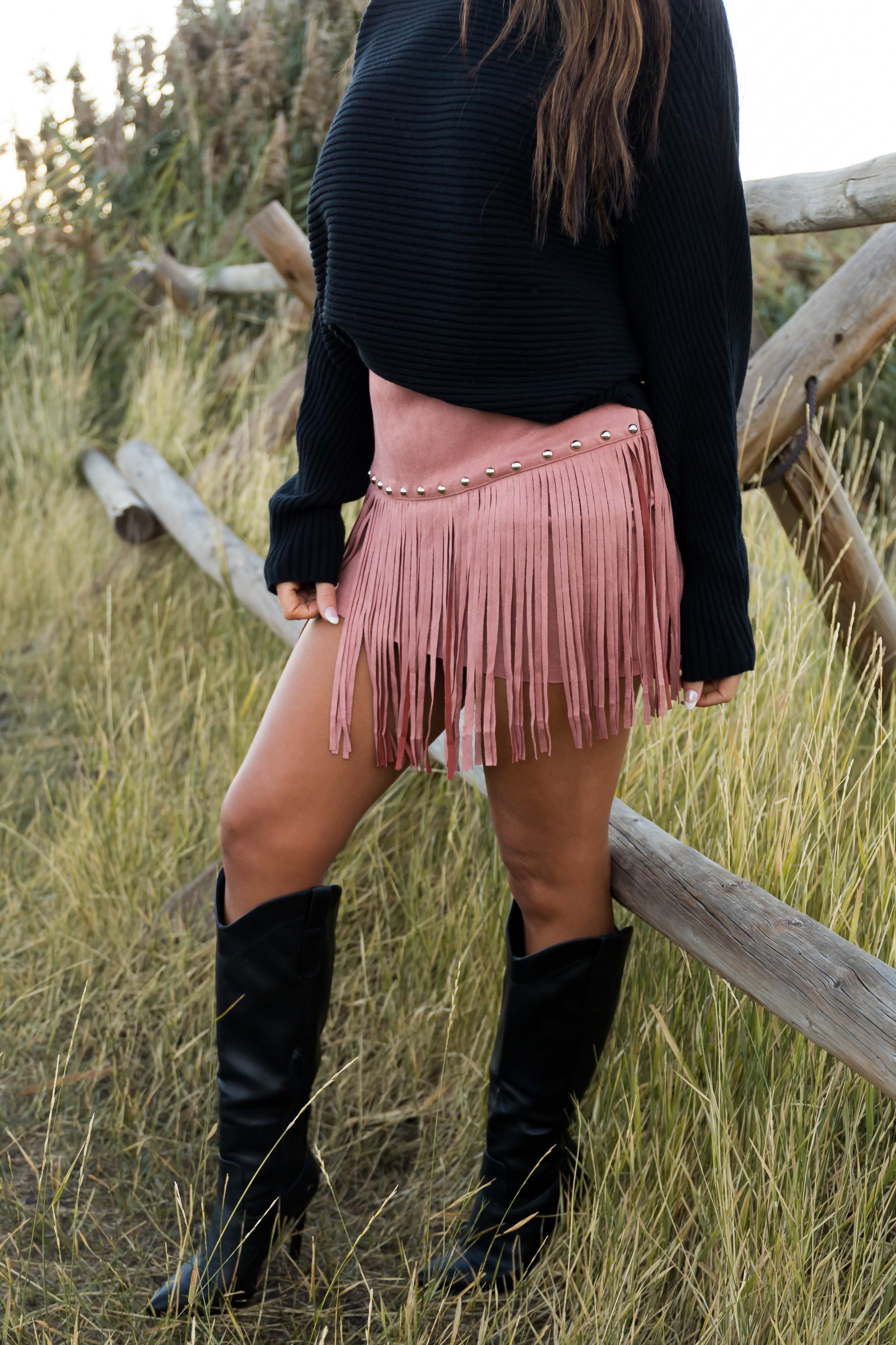Ginger Faux Suede Fringe Mini Skirt-Newayad