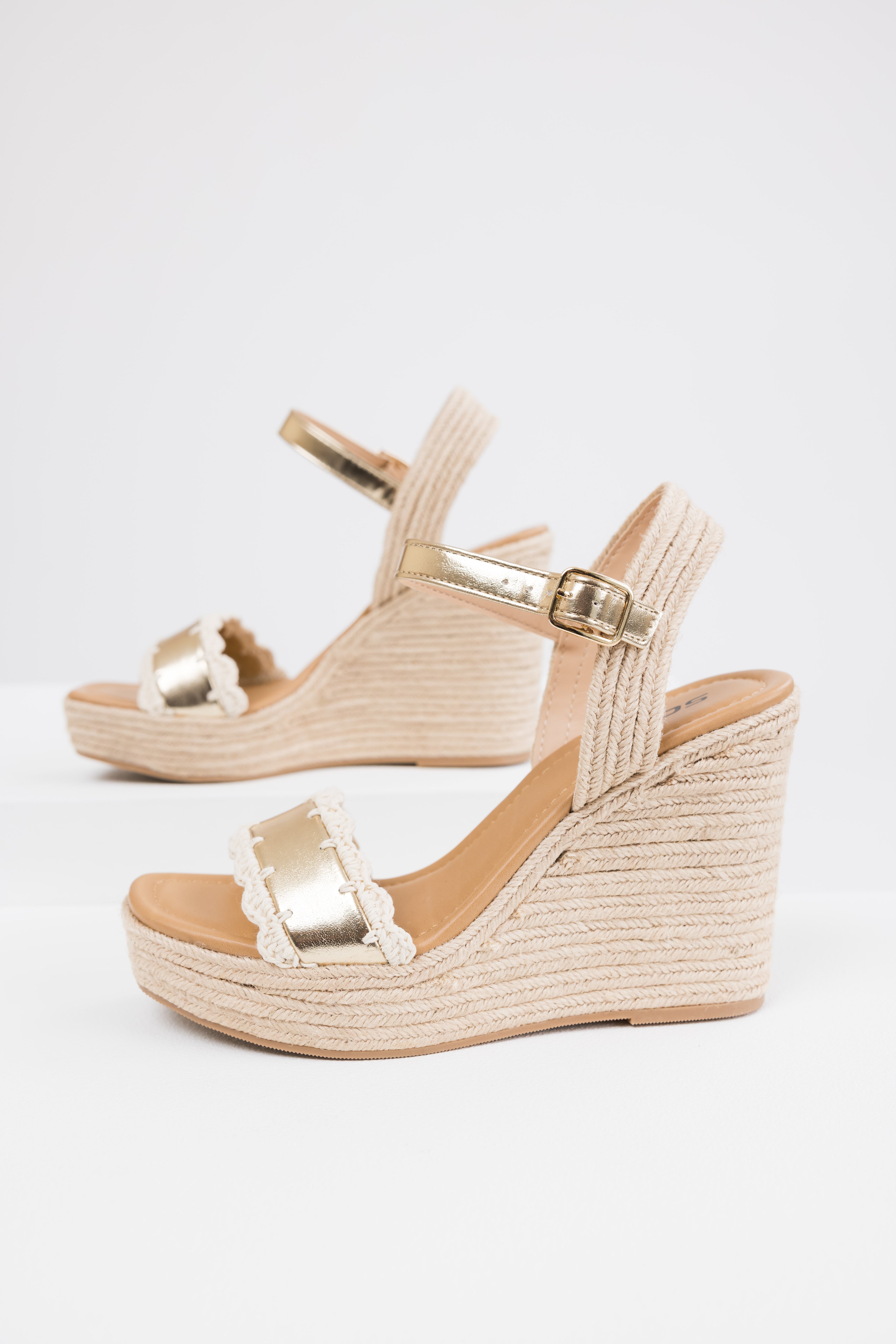 Gold Crochet Trim Strap Espadrille Wedges-Newayad