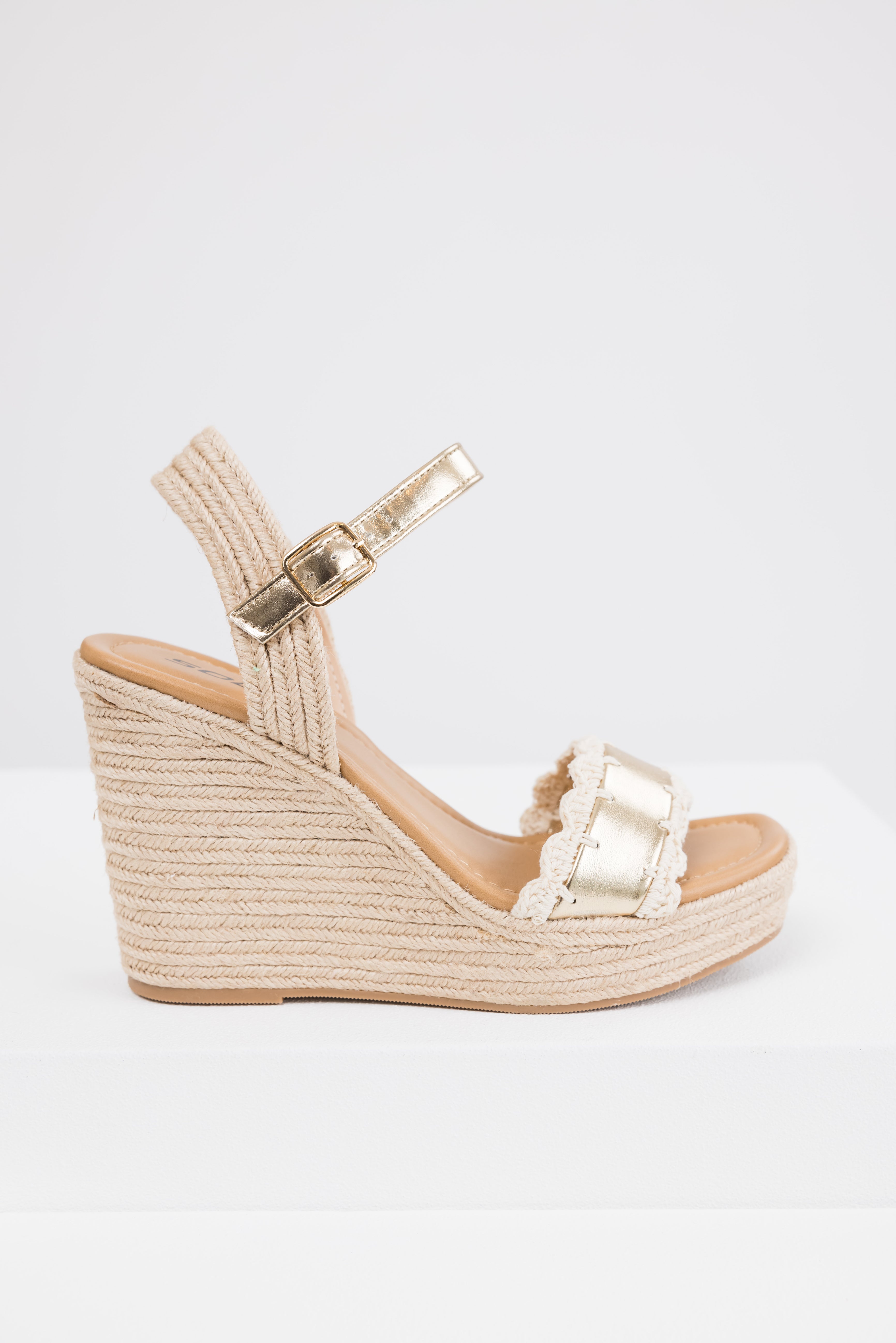 Gold Crochet Trim Strap Espadrille Wedges-Newayad