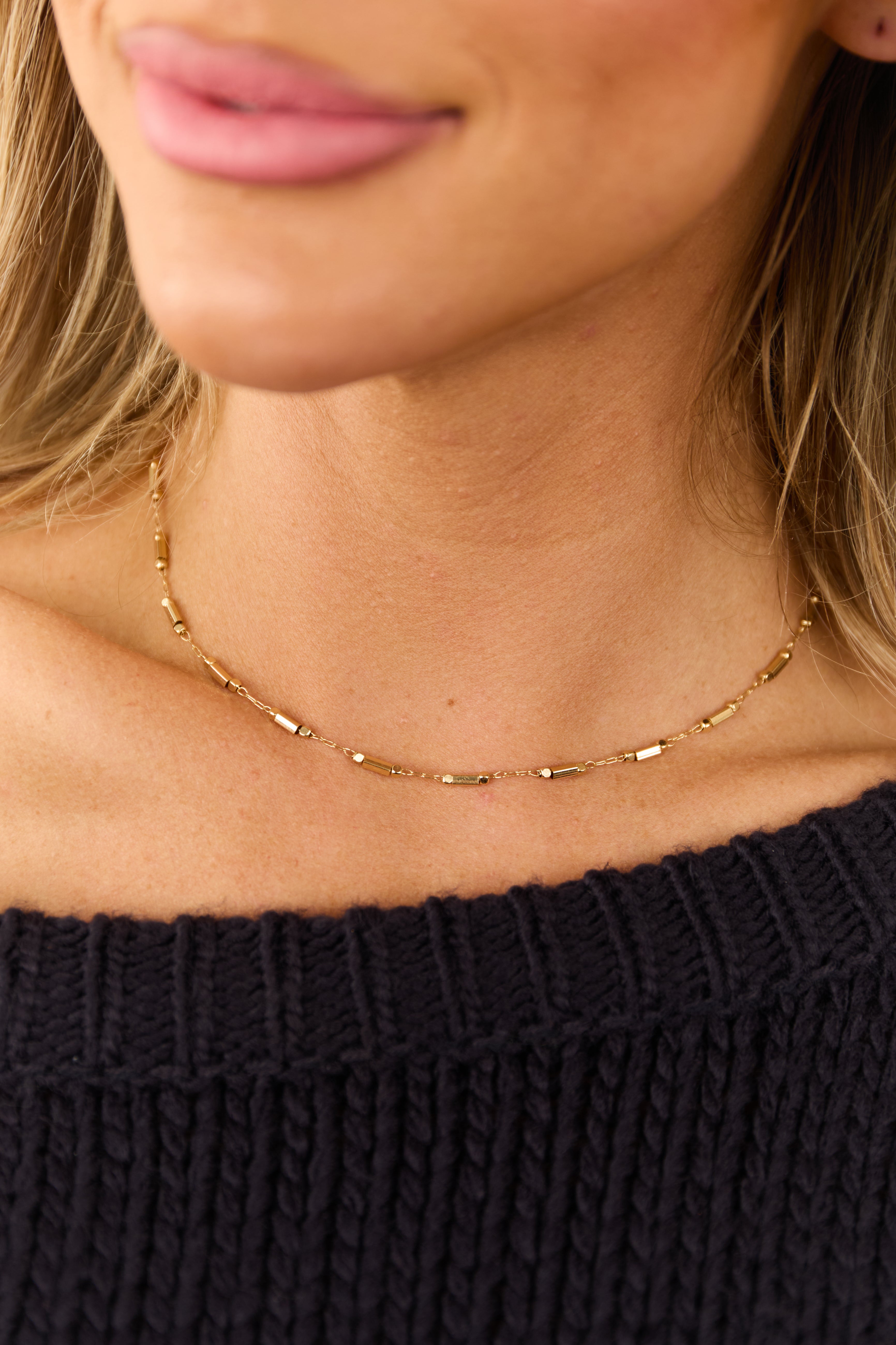 Gold Metallic Bar Beaded Segmented Necklace-Newayad