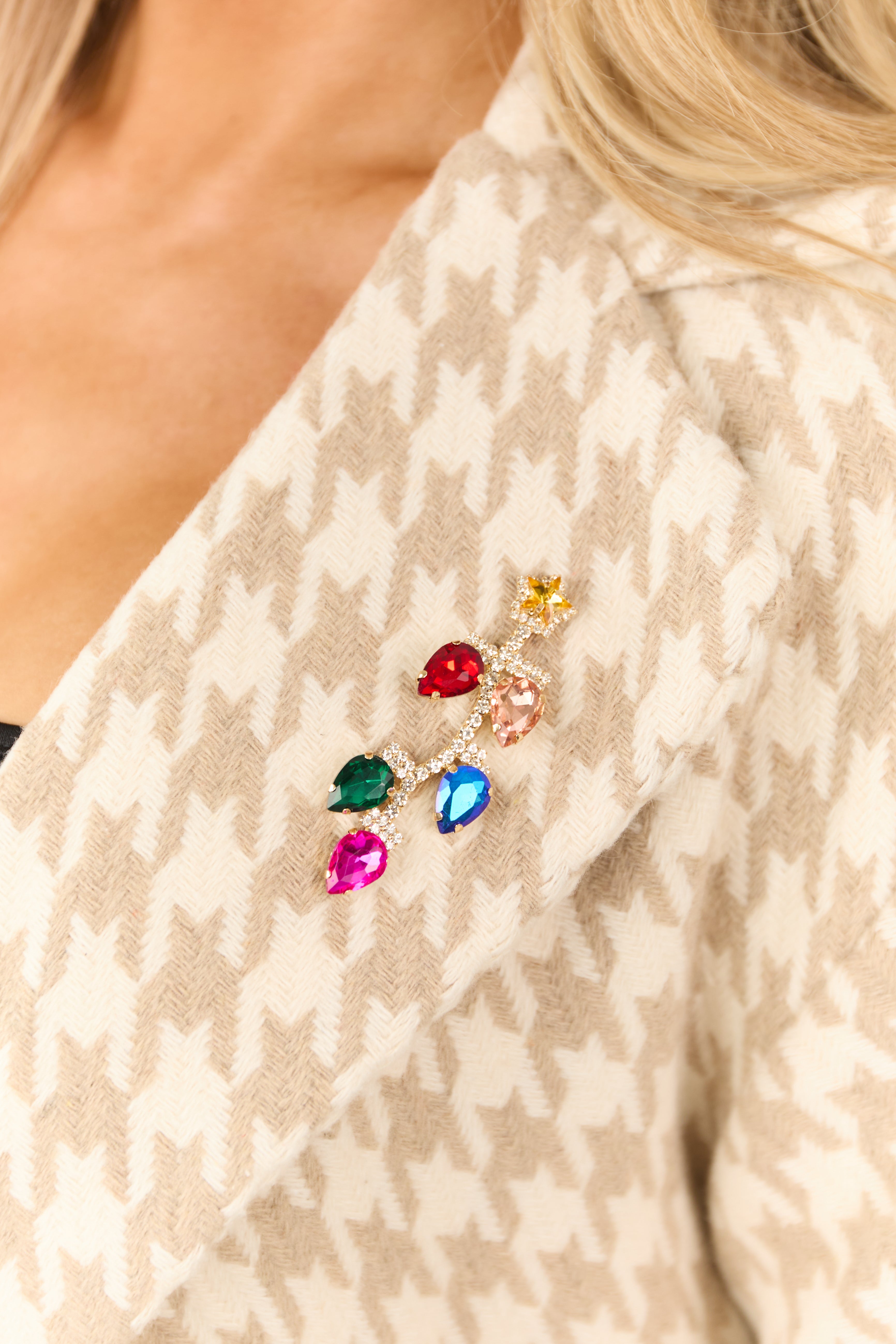 Gold Multicolor Christmas Light Gemstone Brooch Pin-Newayad