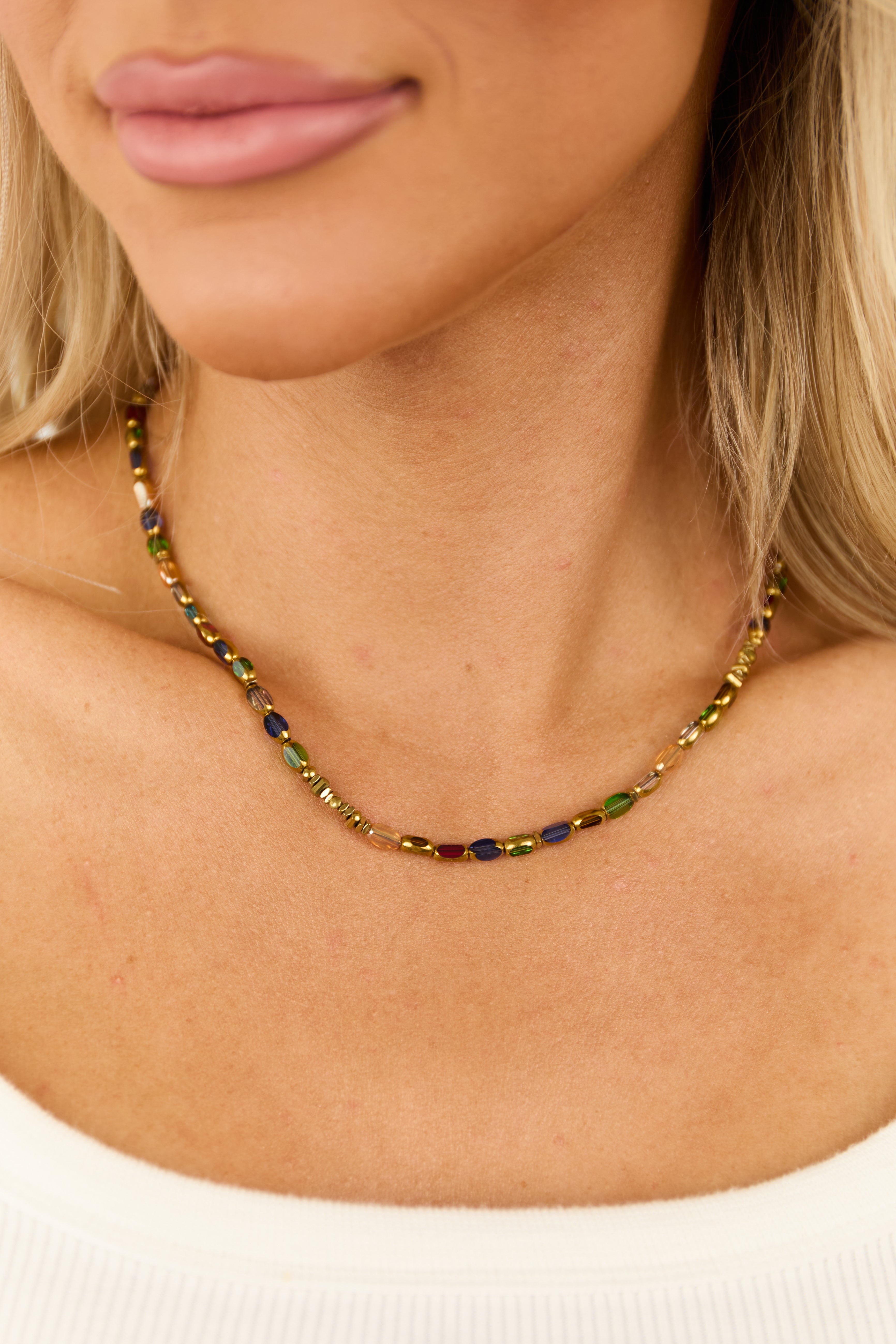 Gold Multicolor Gemstone Beaded Necklace-Newayad