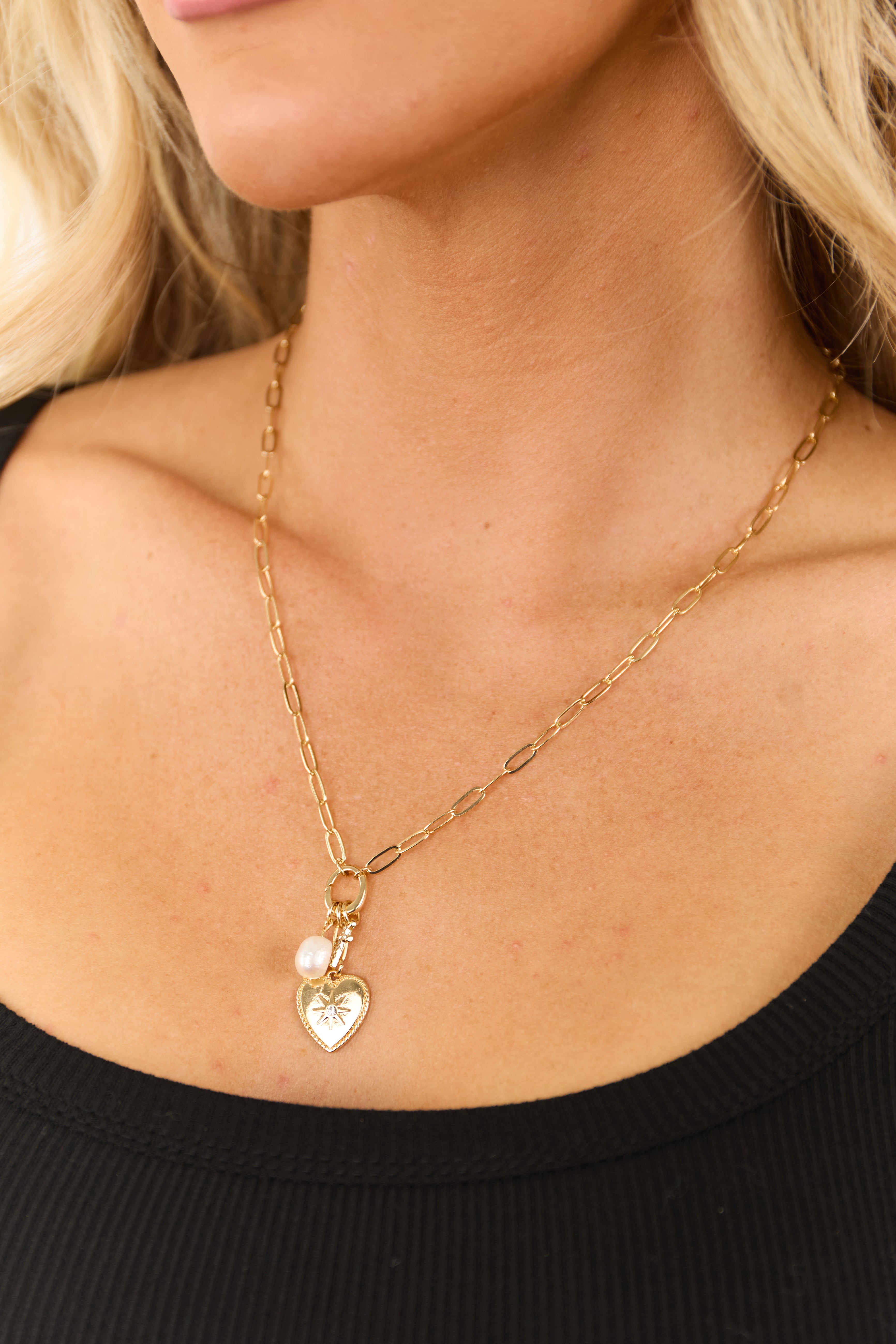 Gold Pearl Cross Northstar Charm Necklace-Newayad