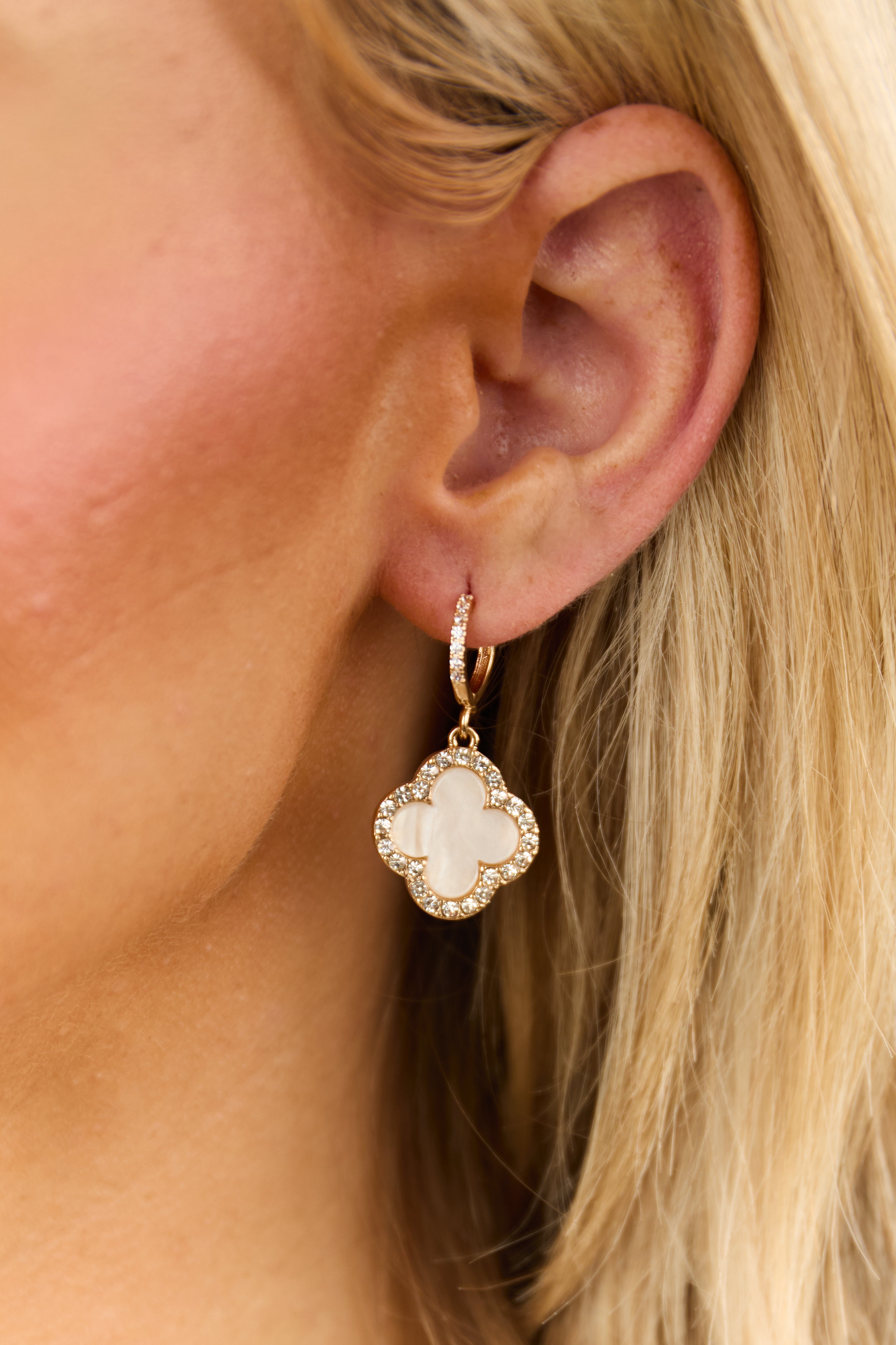 Gold Rhinestone Outline Huggie Clover Charm Earrings-Newayad