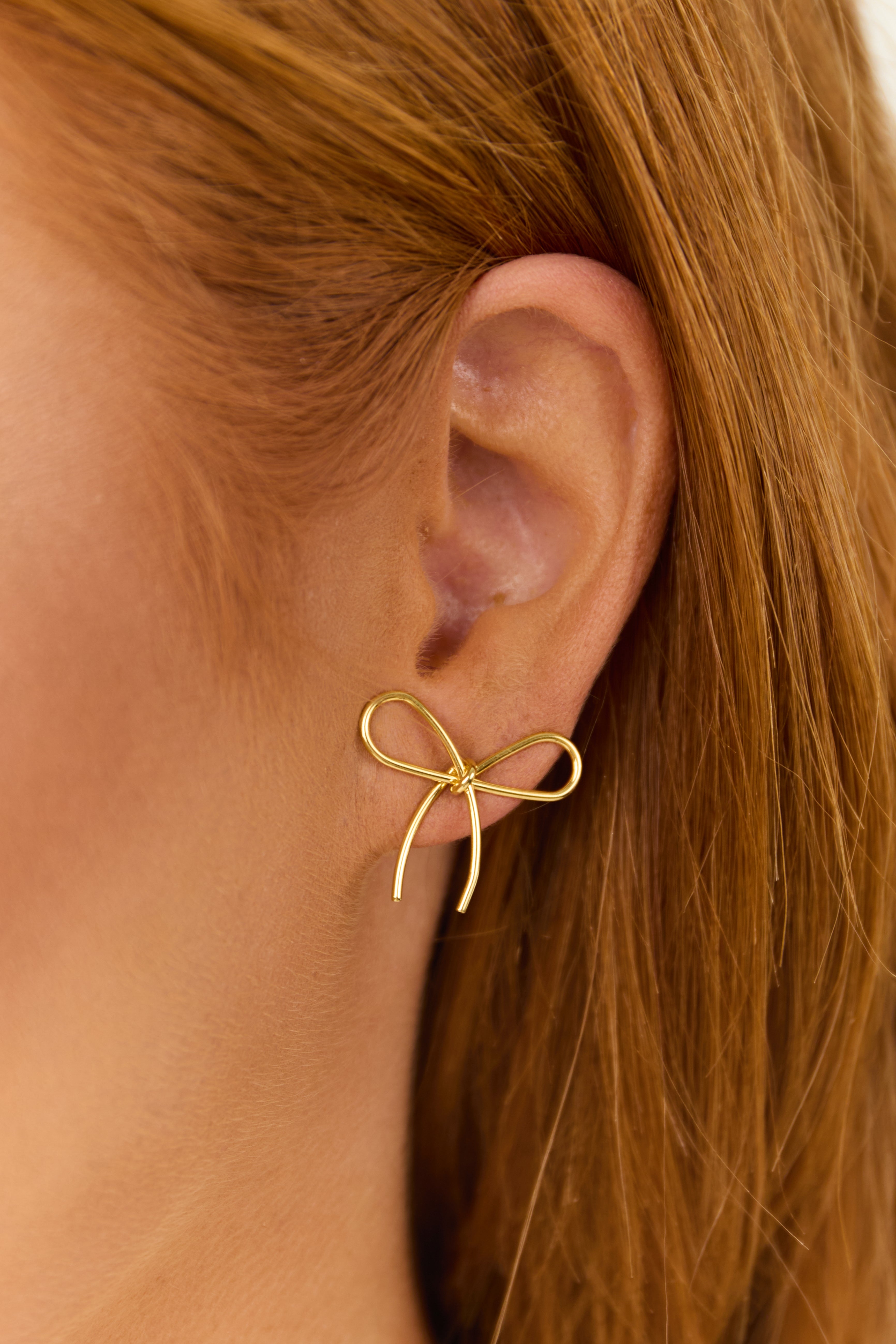 Gold Thin Wire Bow Knot Stud Earrings-Newayad