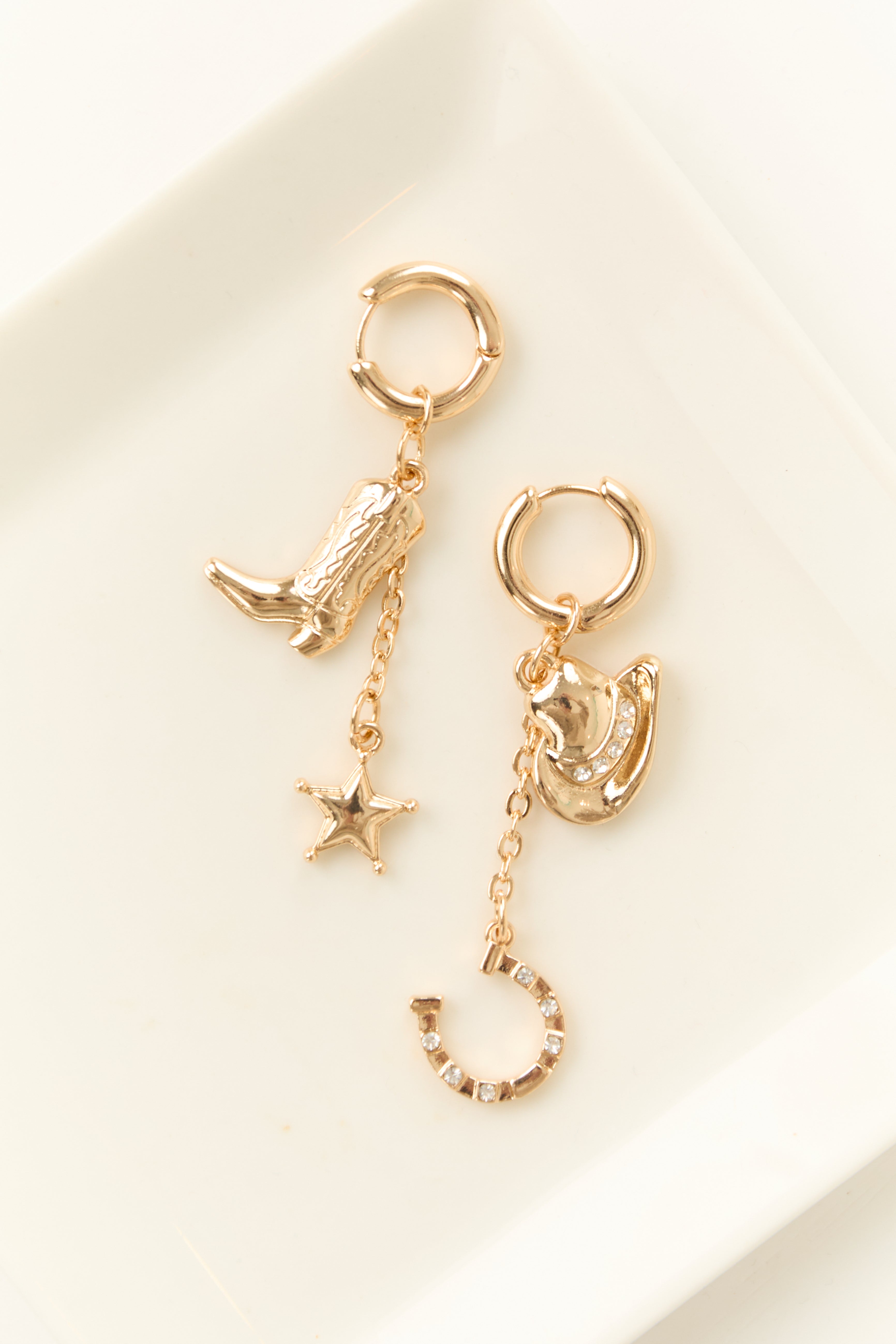 Gold Western Charm Huggie Hoop Chain Dangle Earrings-Newayad