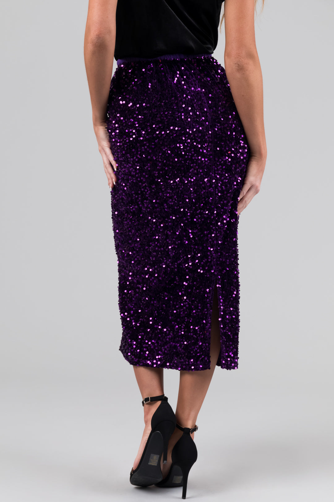 Grape Velvet Sequined Elastic Midi Skirt-Newayad