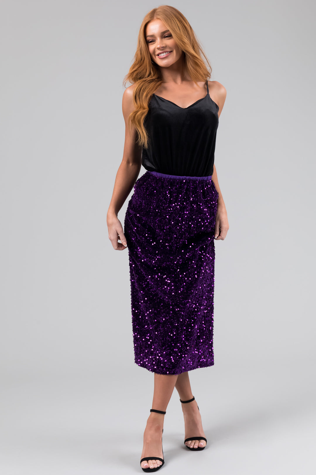 Grape Velvet Sequined Elastic Midi Skirt-Newayad