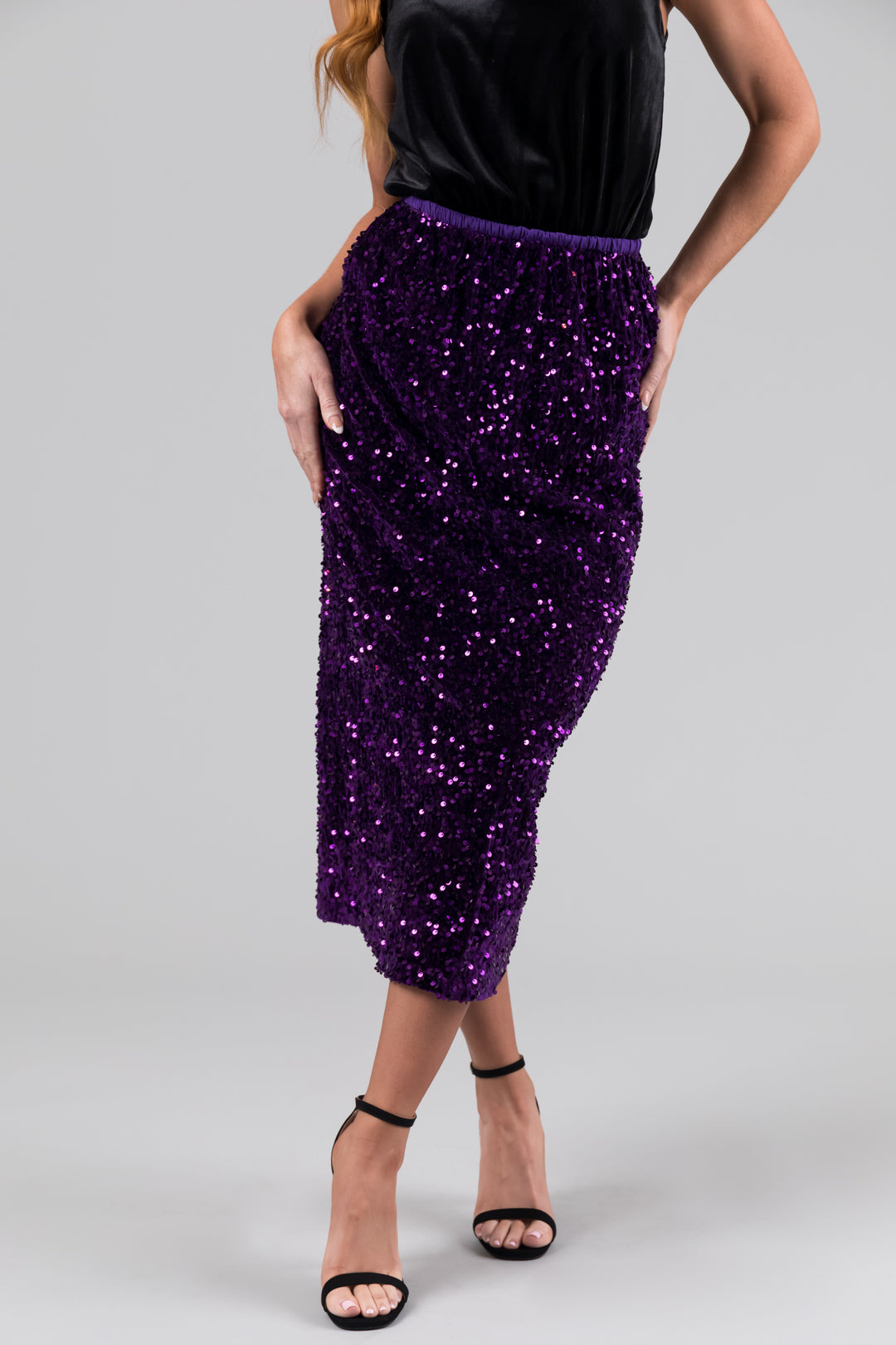 Grape Velvet Sequined Elastic Midi Skirt-Newayad