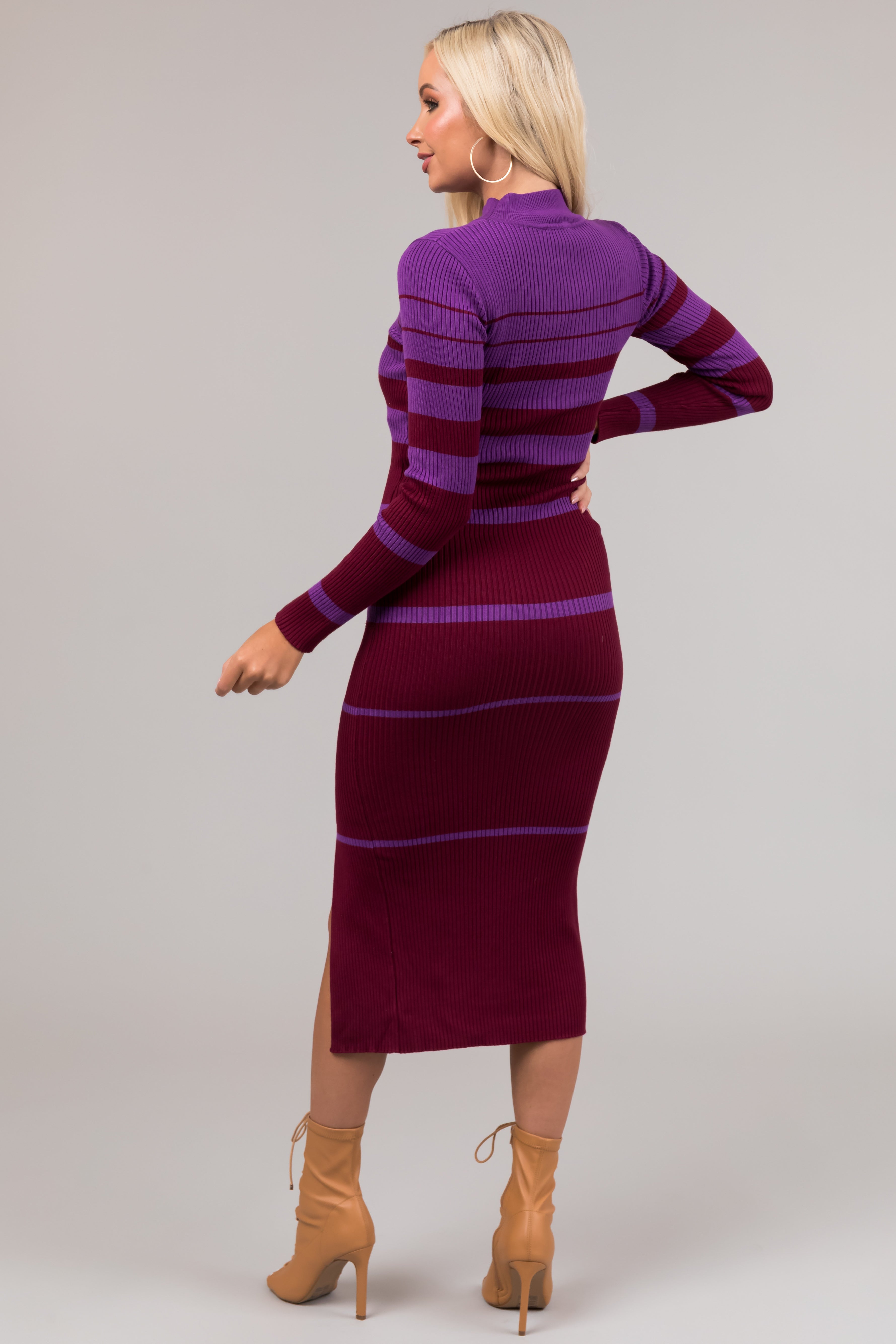 Grape and Plum Striped Sweater Midi Dress-Newayad
