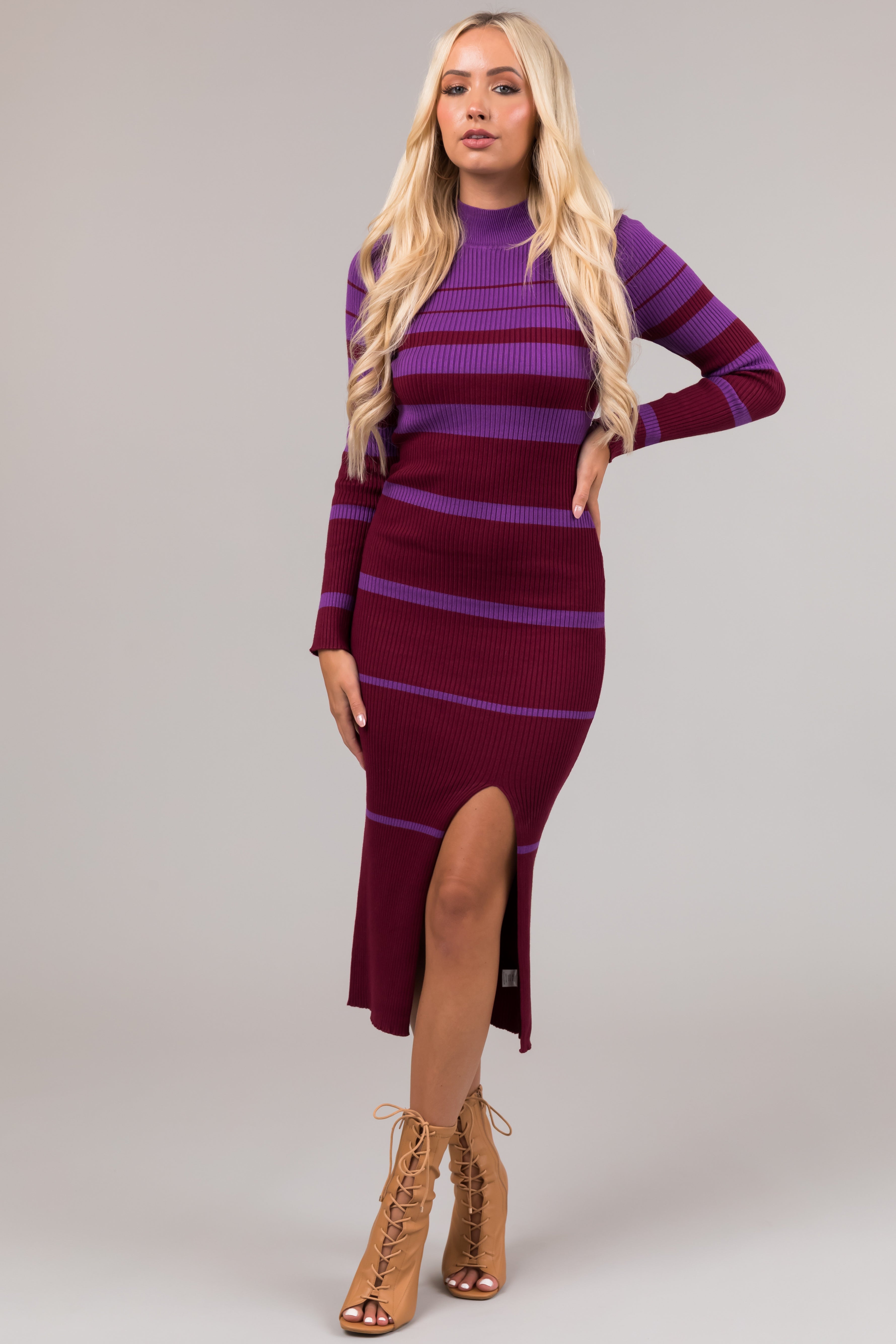Grape and Plum Striped Sweater Midi Dress-Newayad