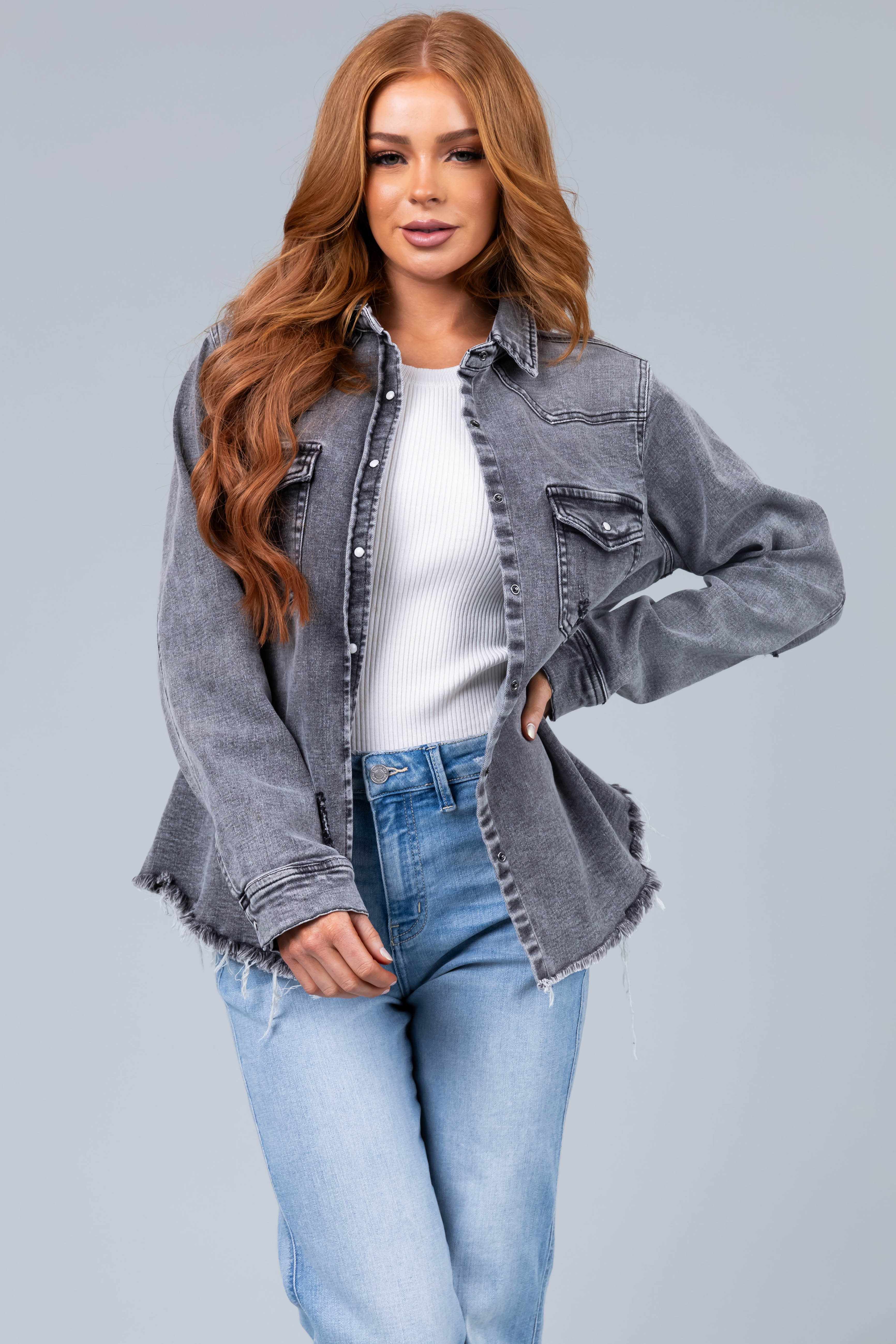 Graphite Button Up Distressed Denim Jacket-Newayad