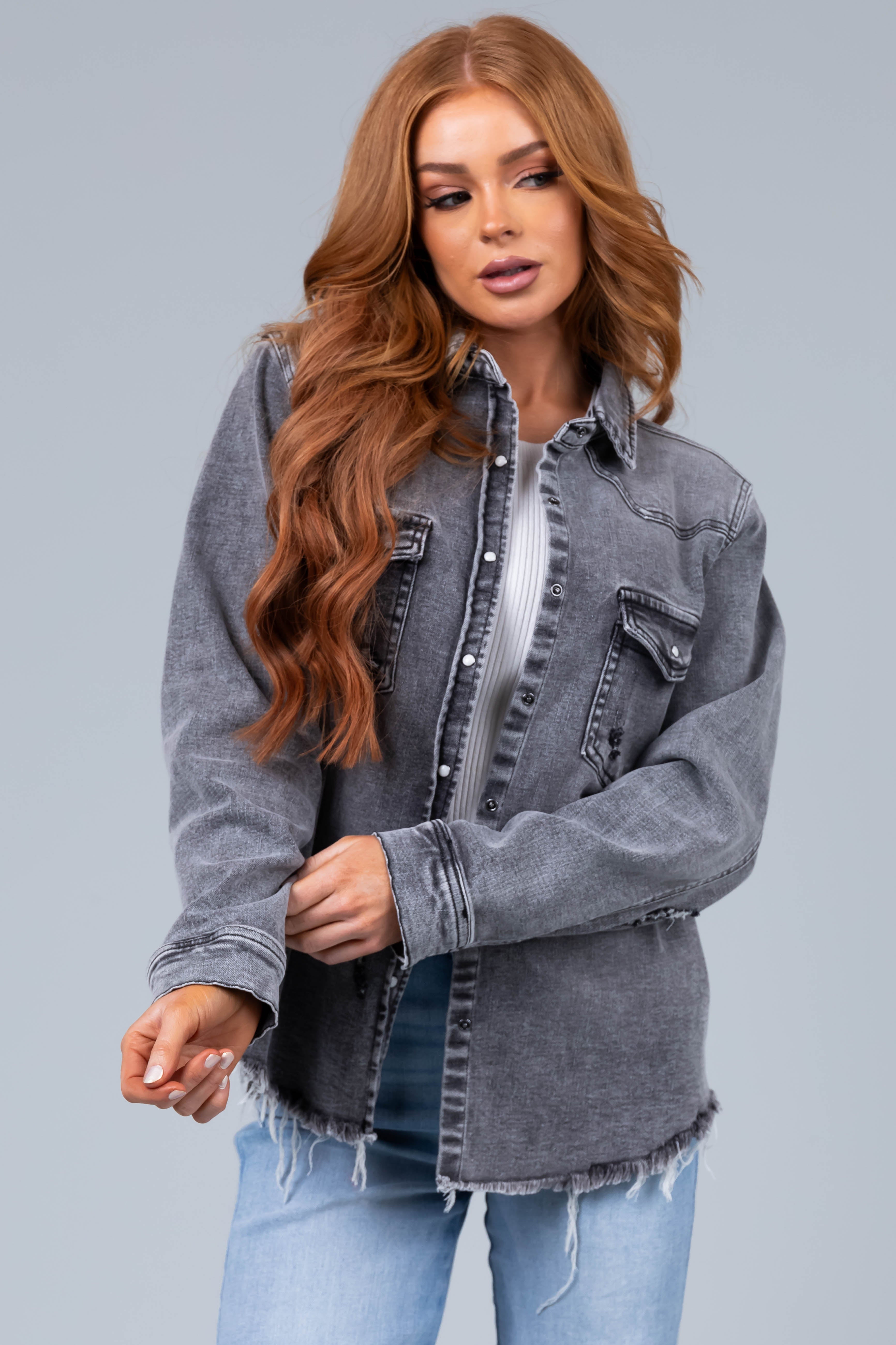 Graphite Button Up Distressed Denim Jacket-Newayad