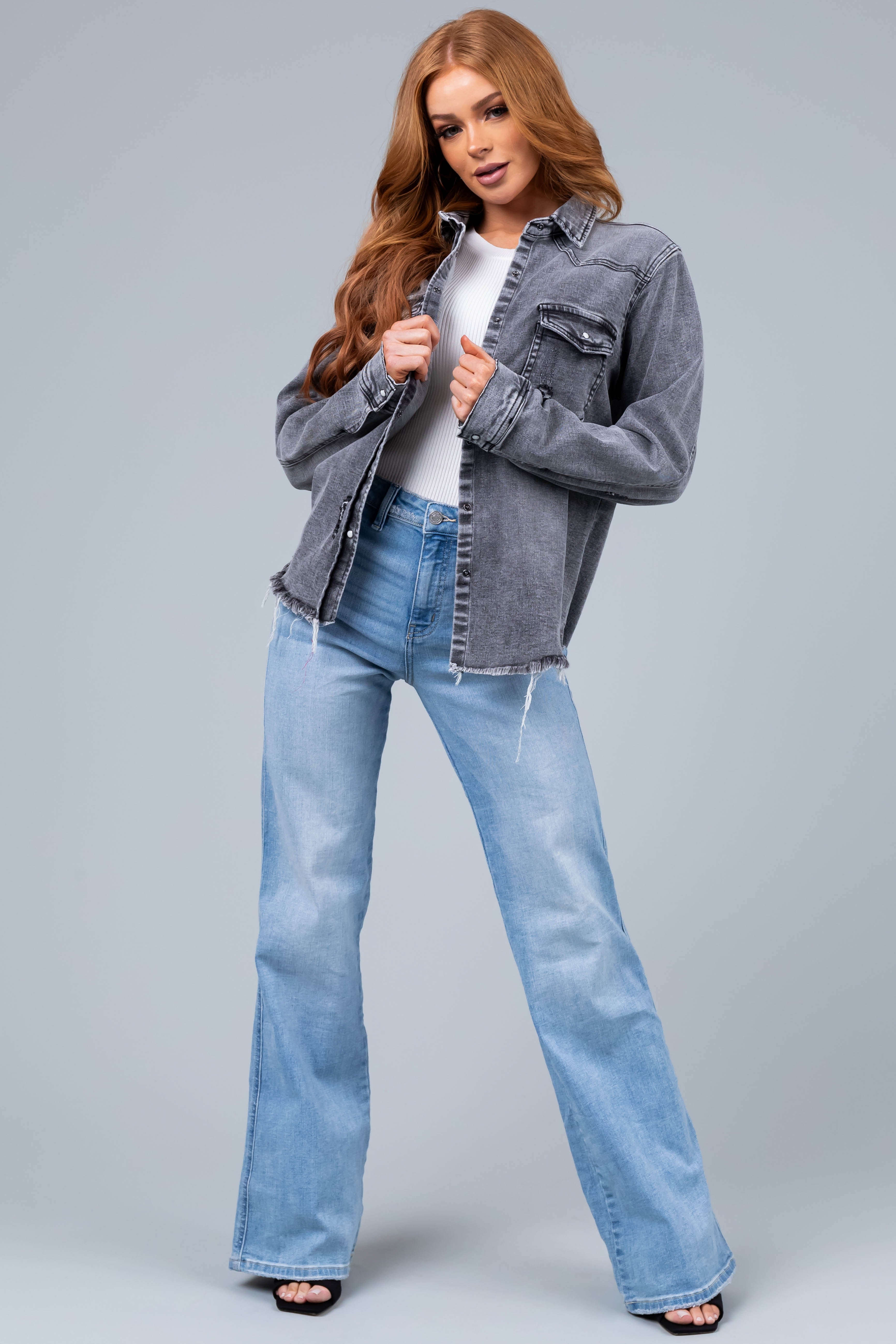 Graphite Button Up Distressed Denim Jacket-Newayad