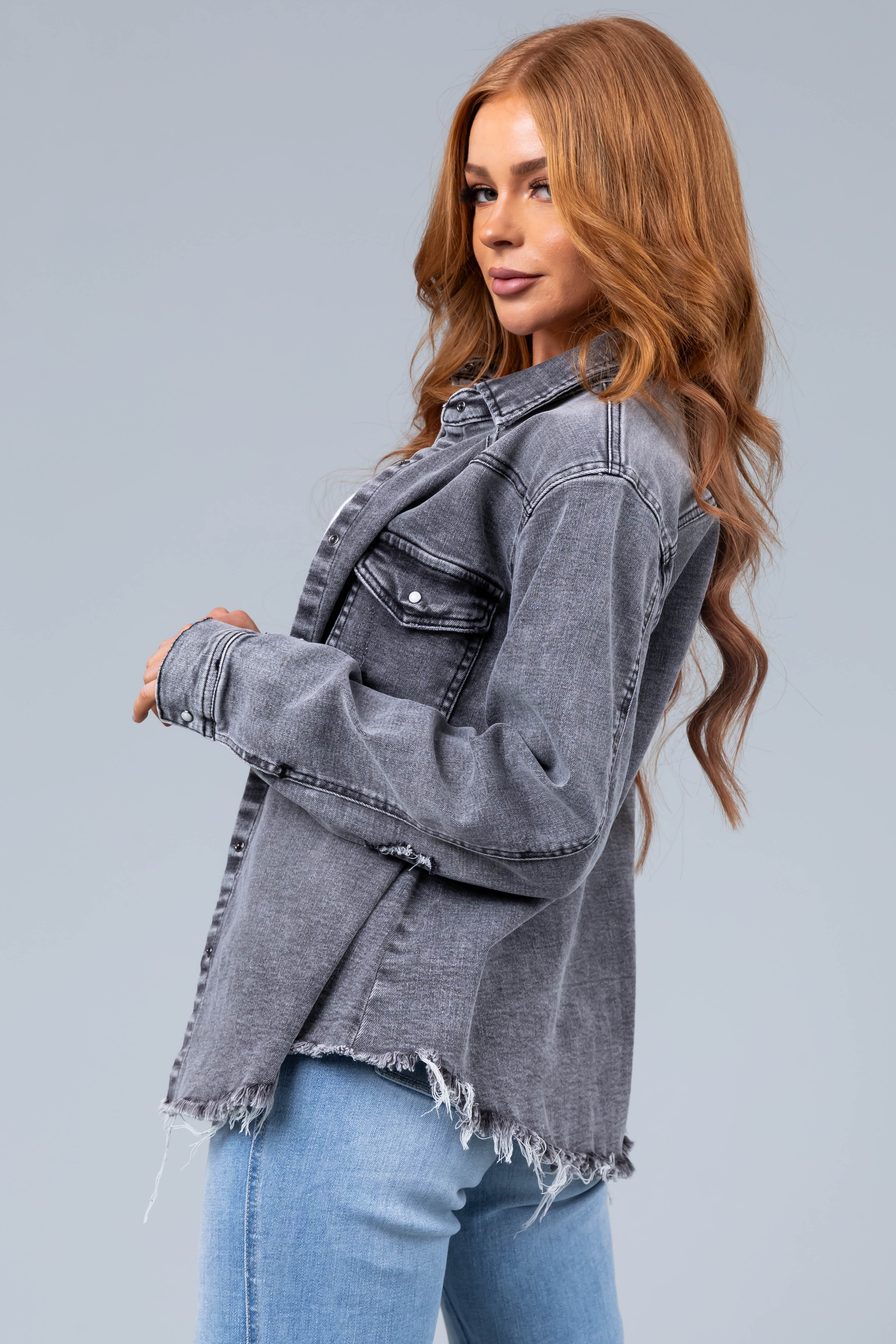 Graphite Button Up Distressed Denim Jacket-Newayad
