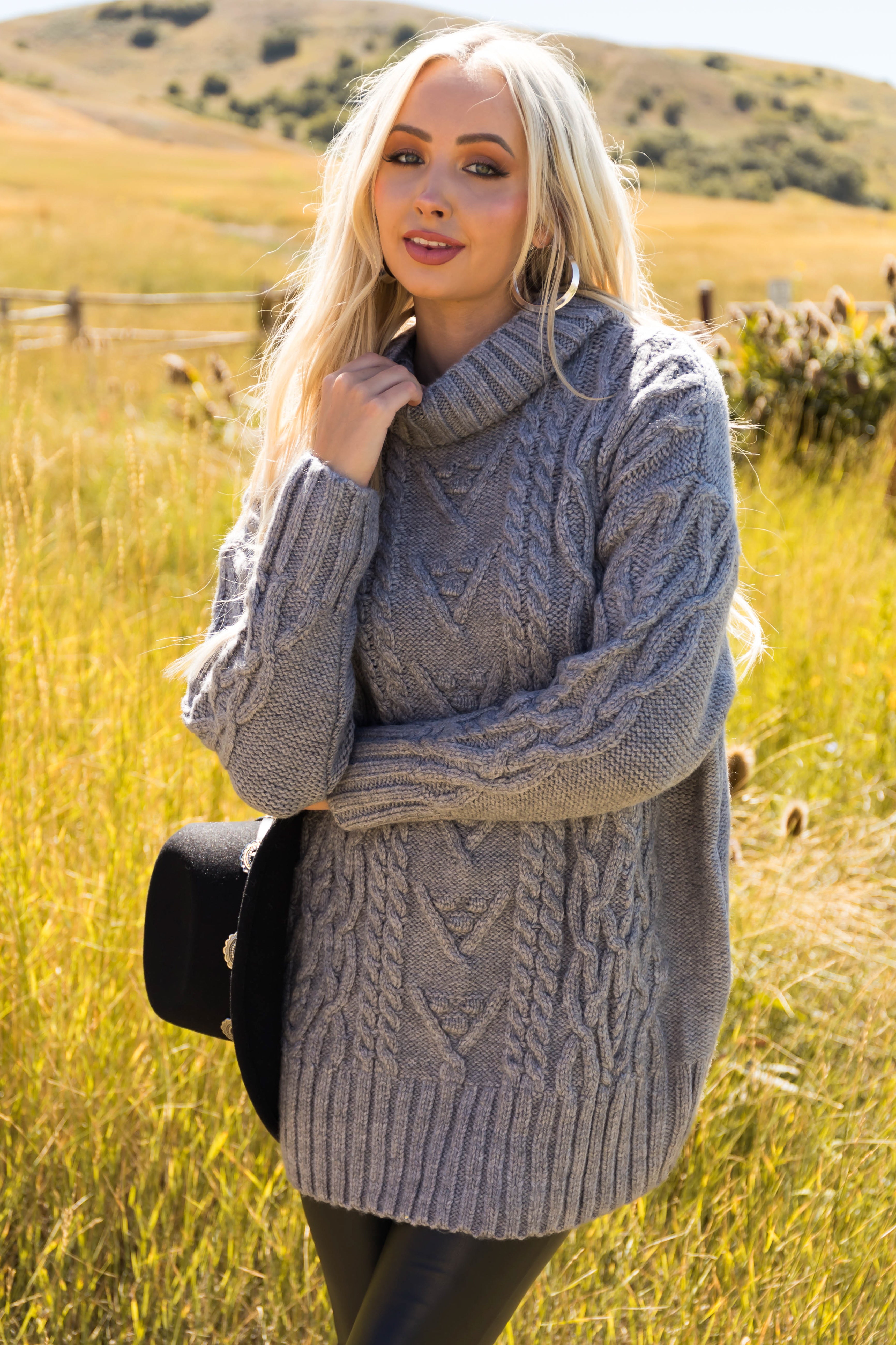 Graphite Cable Knit Turtleneck Sweater Dress-Newayad