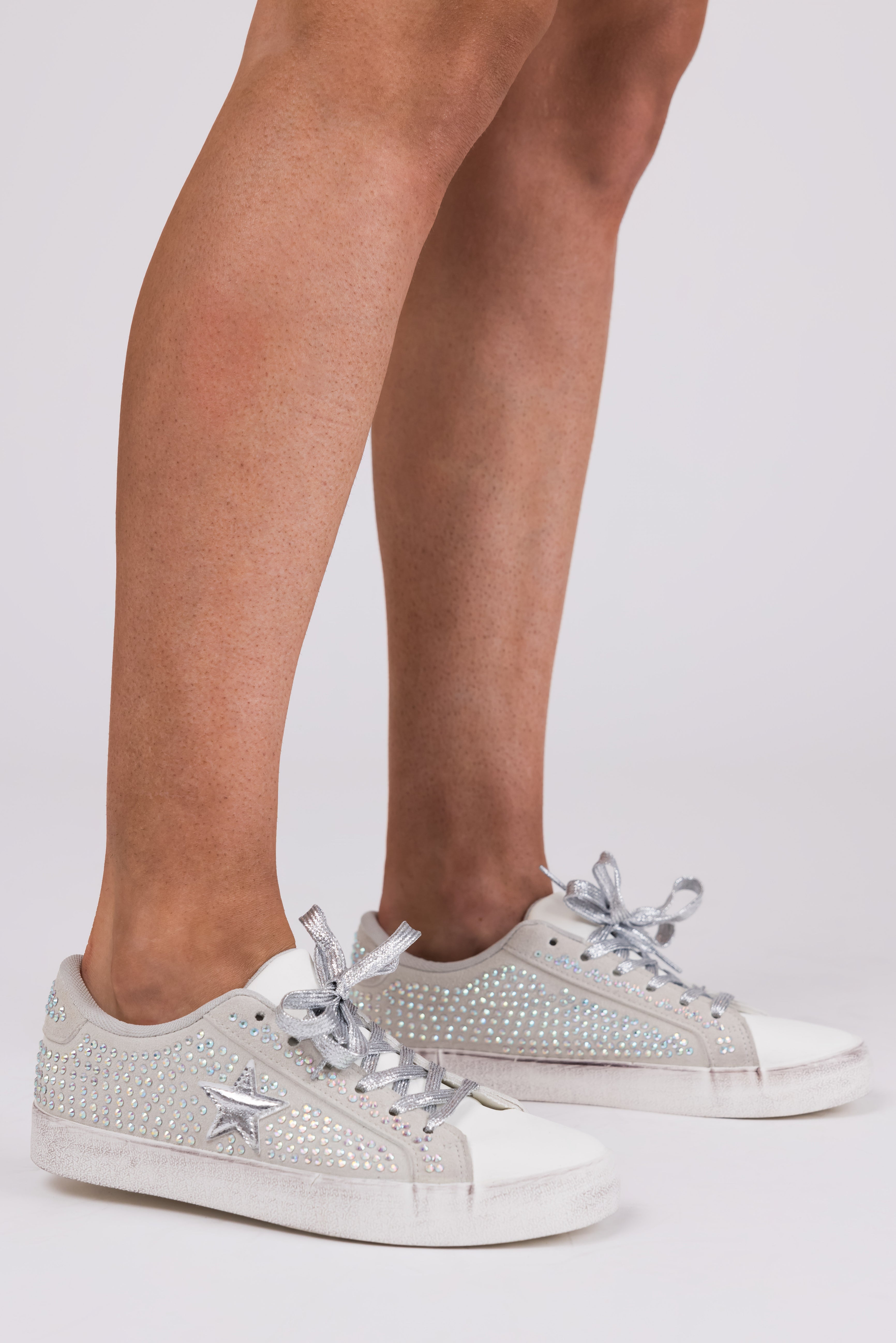 Grey Distressed Sole Rhinestone Sneakers-Newayad