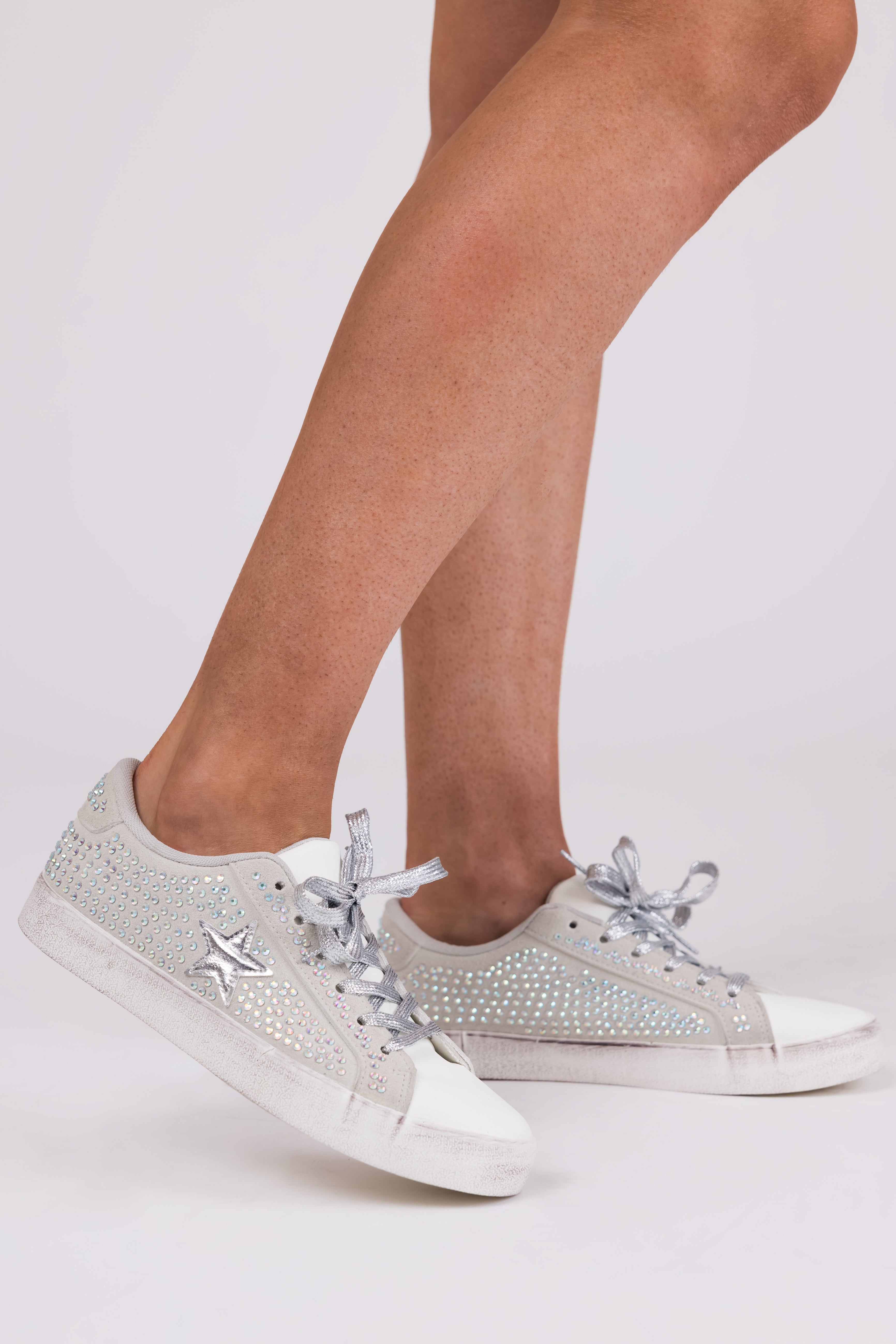 Grey Distressed Sole Rhinestone Sneakers-Newayad