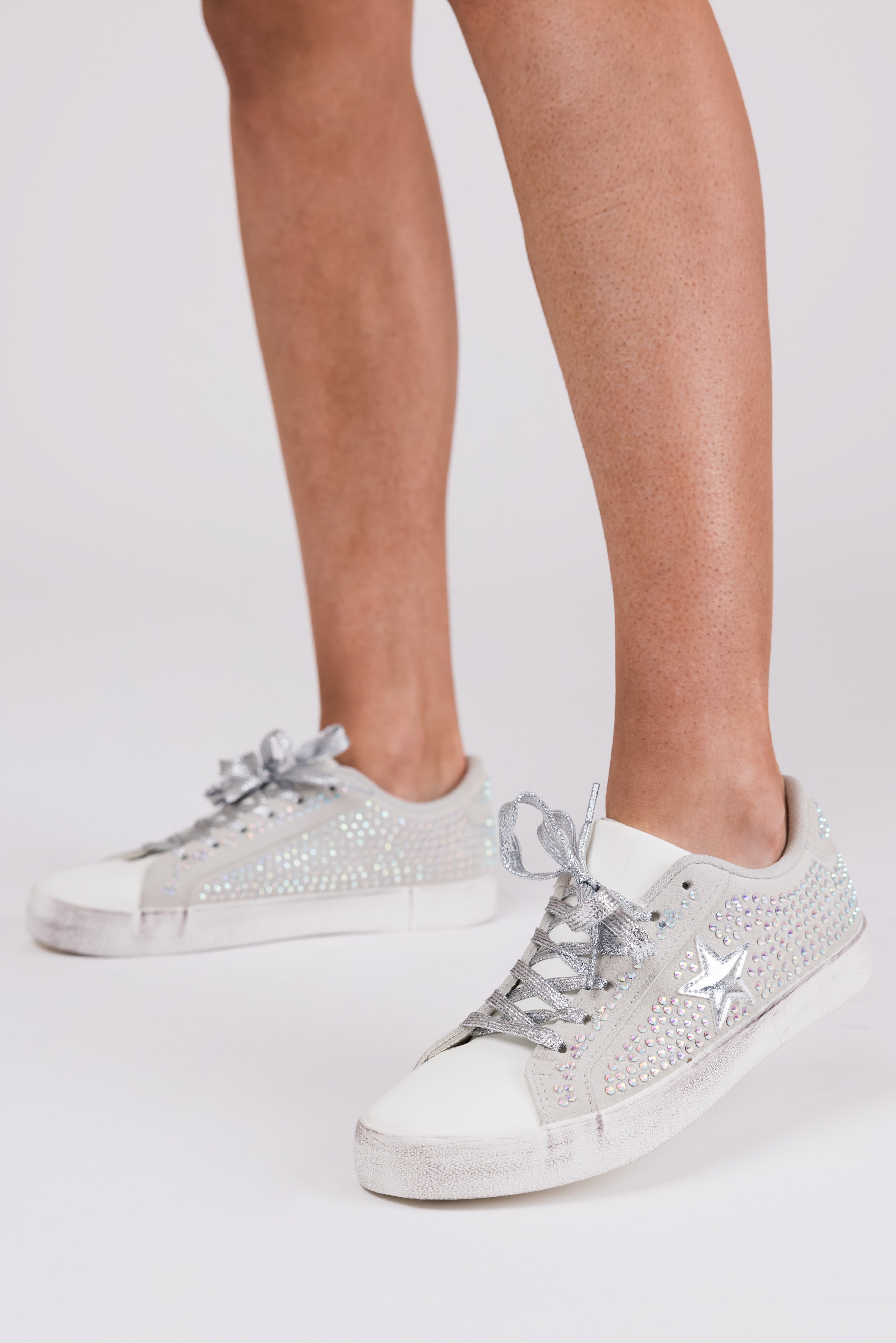 Grey Distressed Sole Rhinestone Sneakers-Newayad