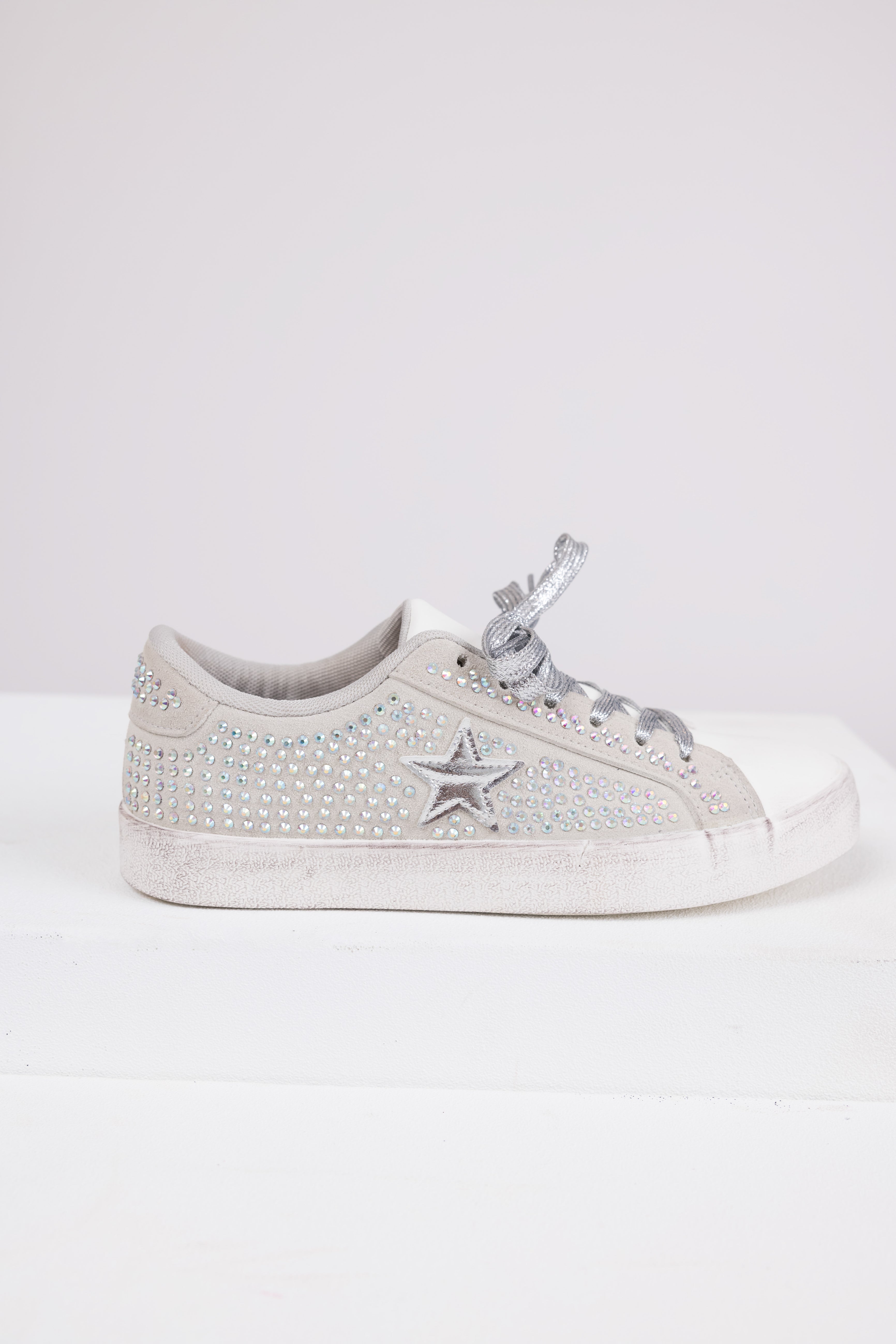 Grey Distressed Sole Rhinestone Sneakers-Newayad