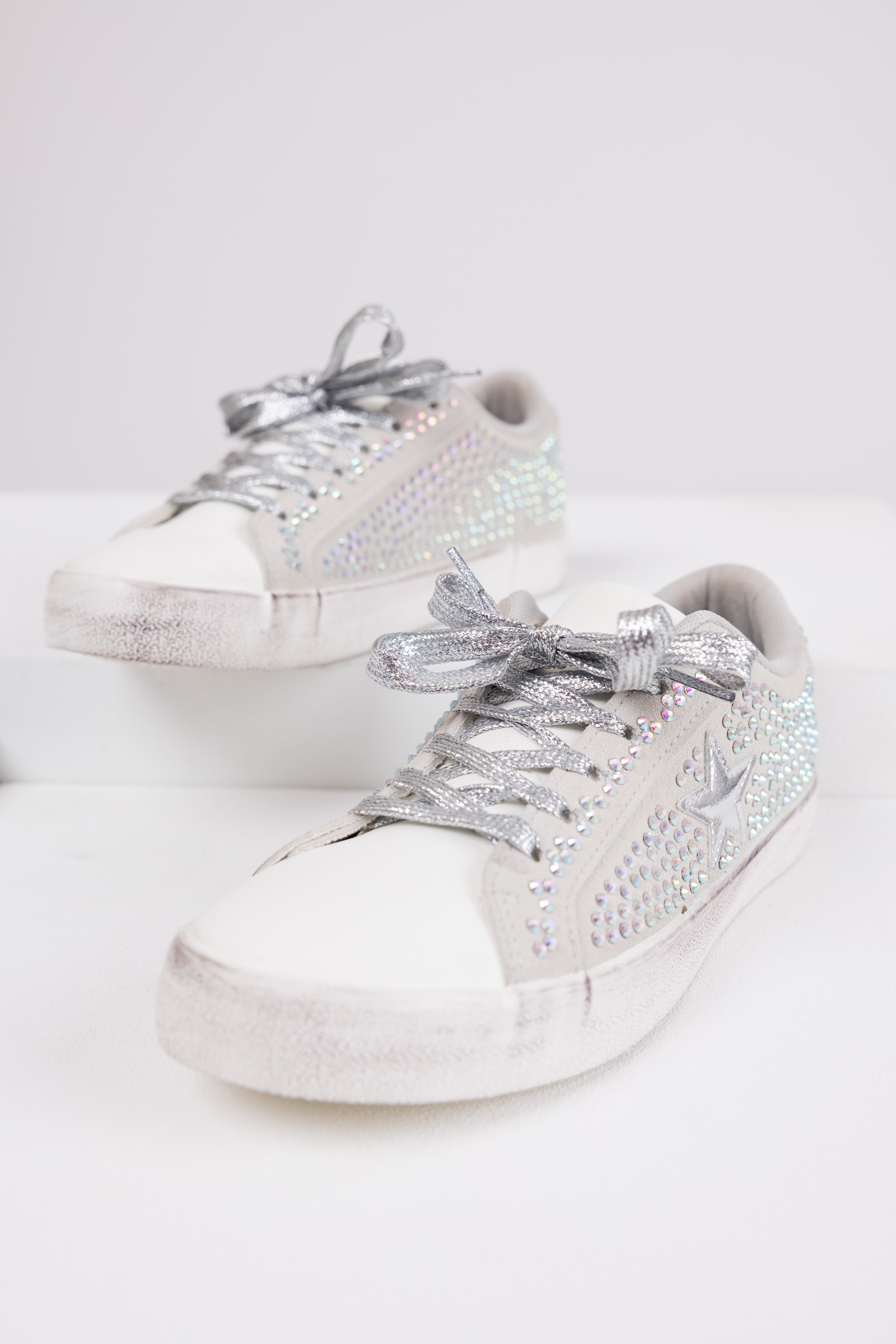 Grey Distressed Sole Rhinestone Sneakers-Newayad