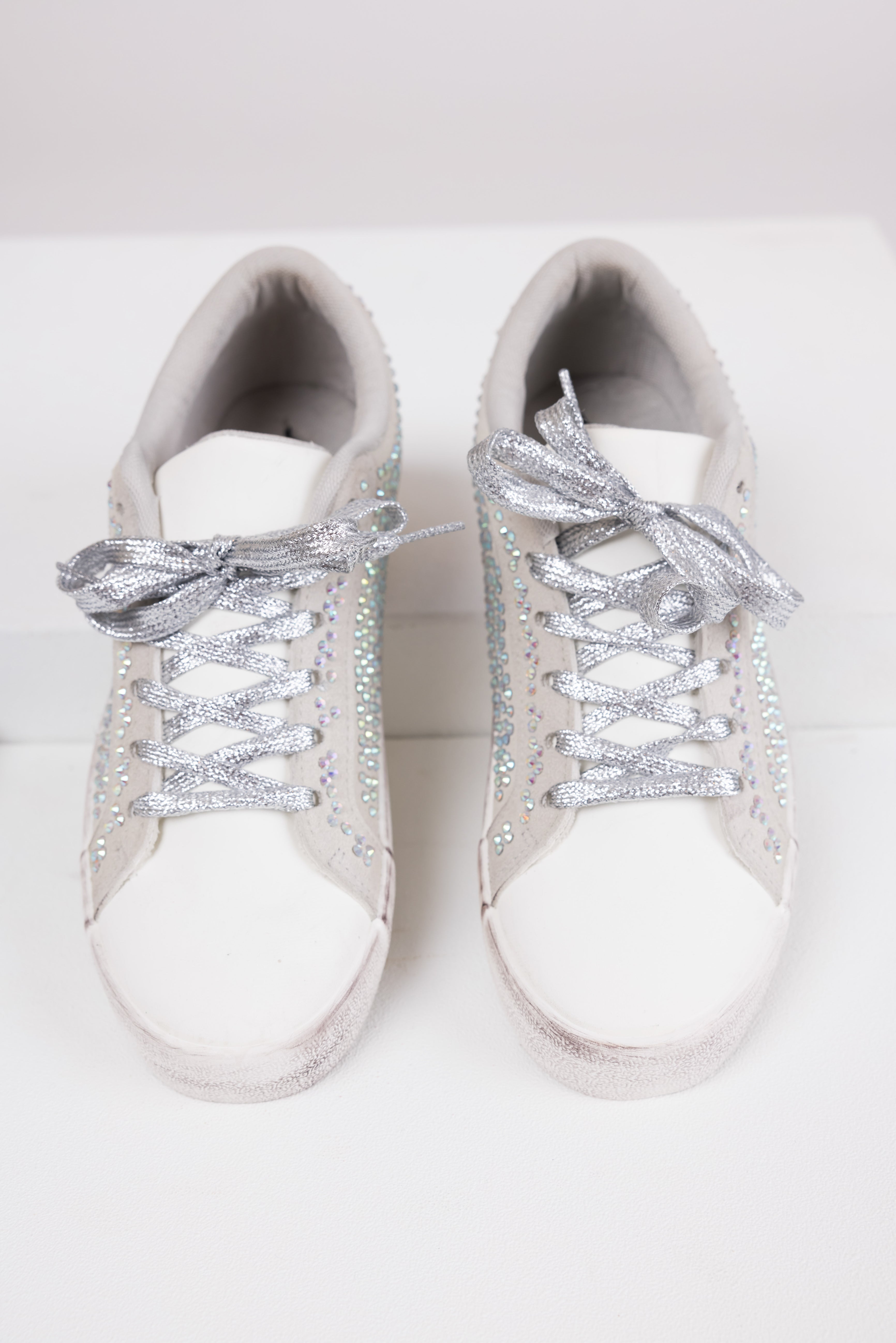 Grey Distressed Sole Rhinestone Sneakers-Newayad