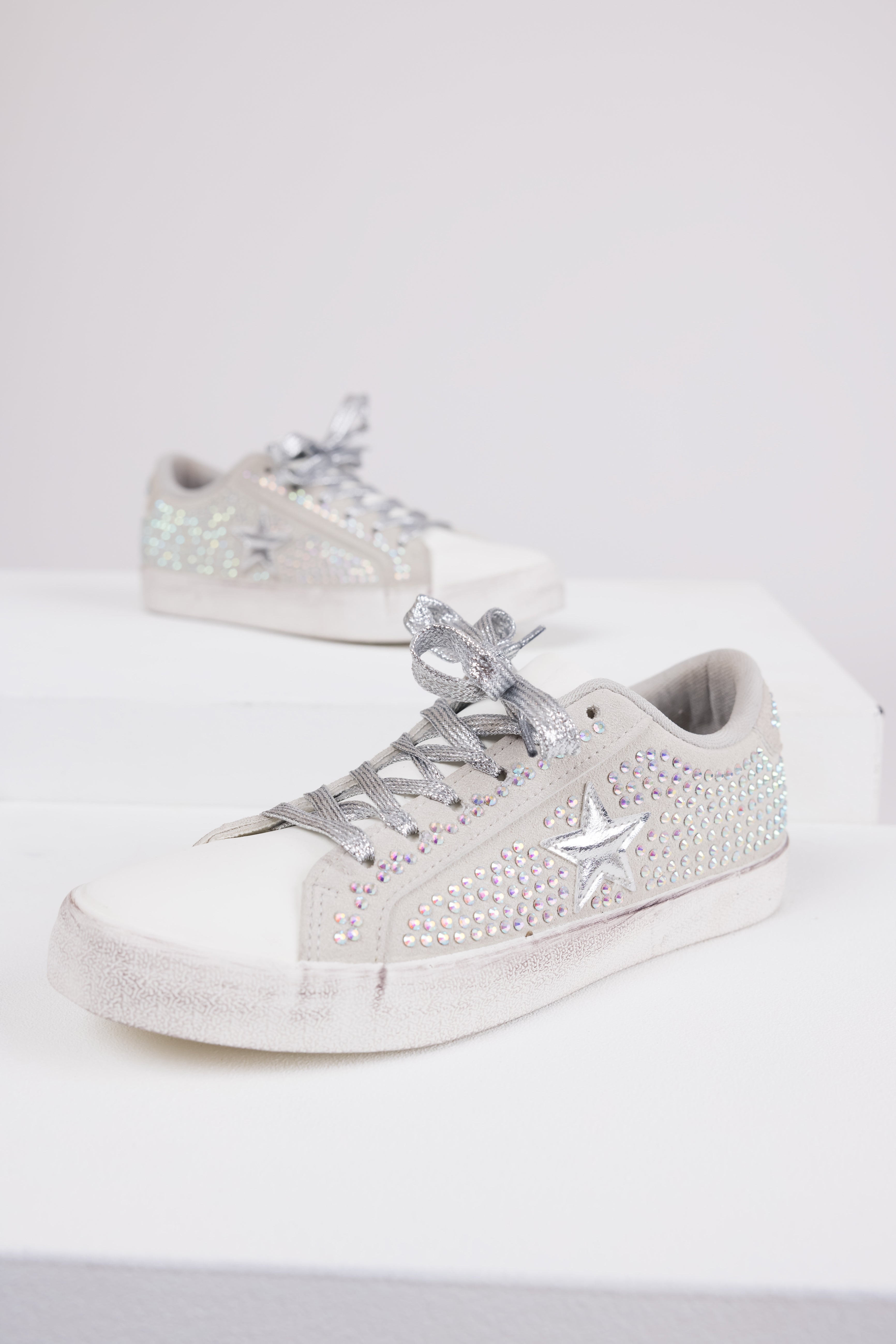 Grey Distressed Sole Rhinestone Sneakers-Newayad