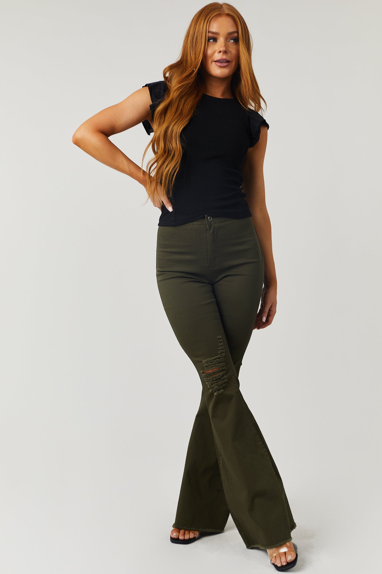 Denim Zone Hazel Dark Olive High Rise Flare Jeans-Newayad