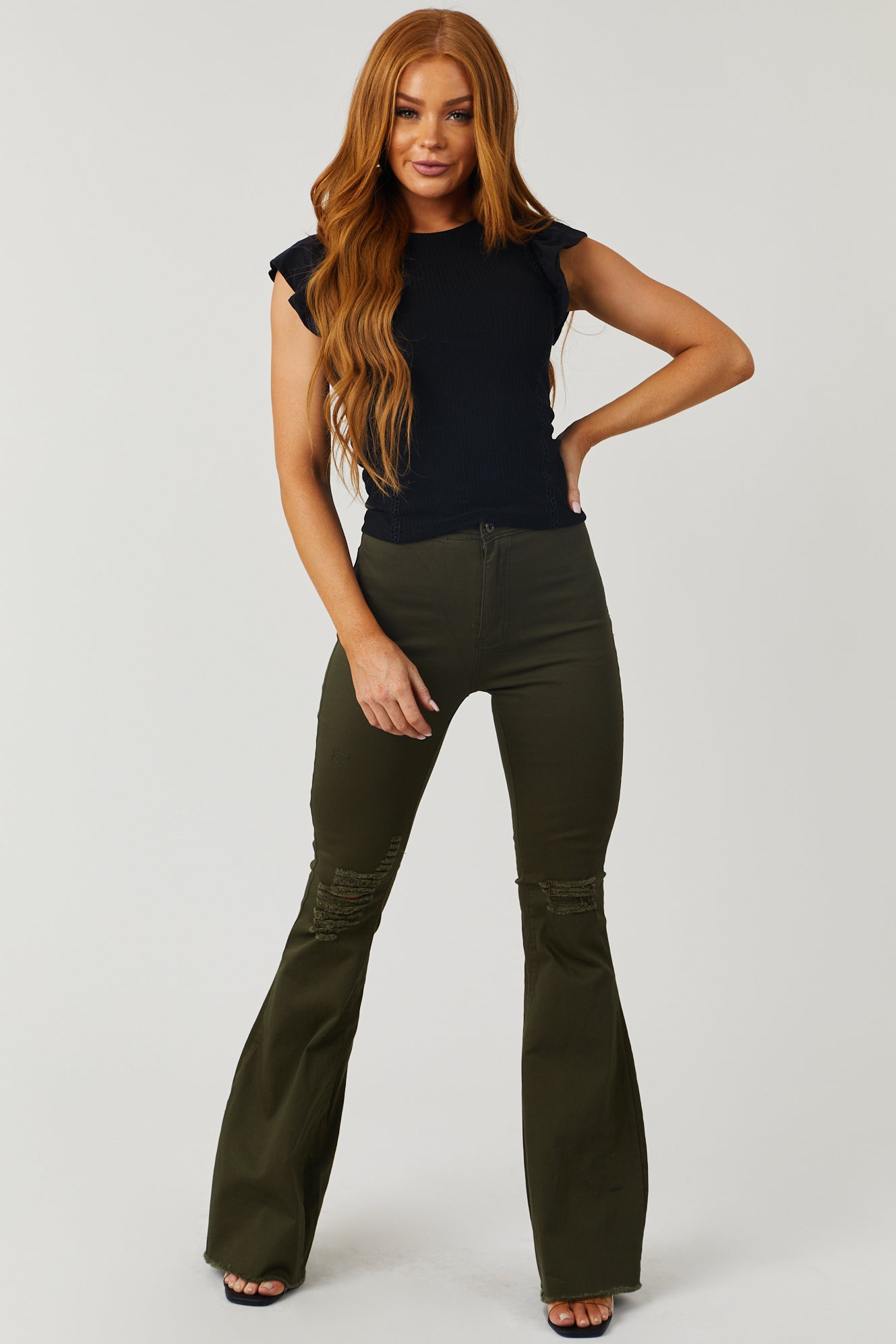 Denim Zone Hazel Dark Olive High Rise Flare Jeans-Newayad