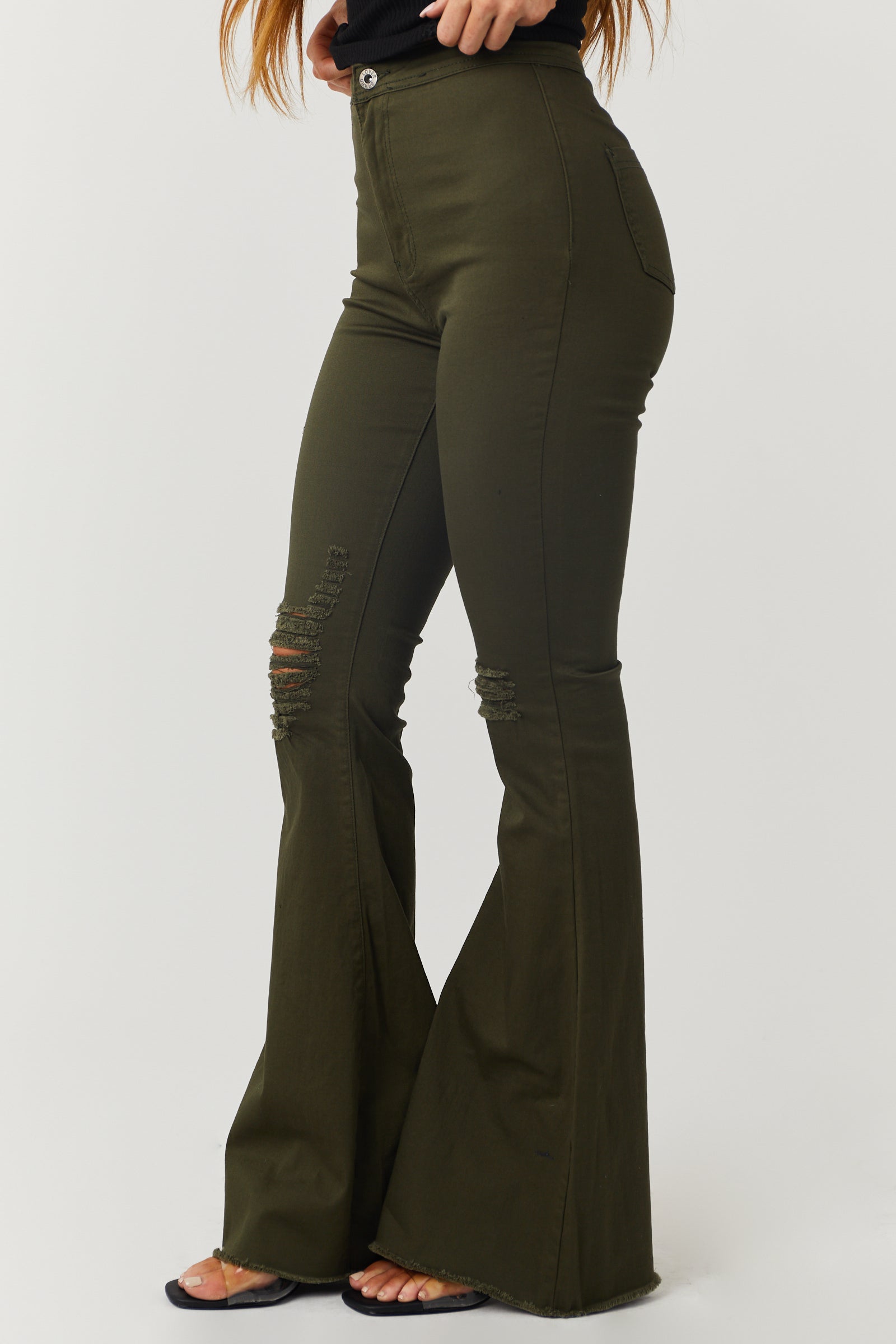 Denim Zone Hazel Dark Olive High Rise Flare Jeans-Newayad