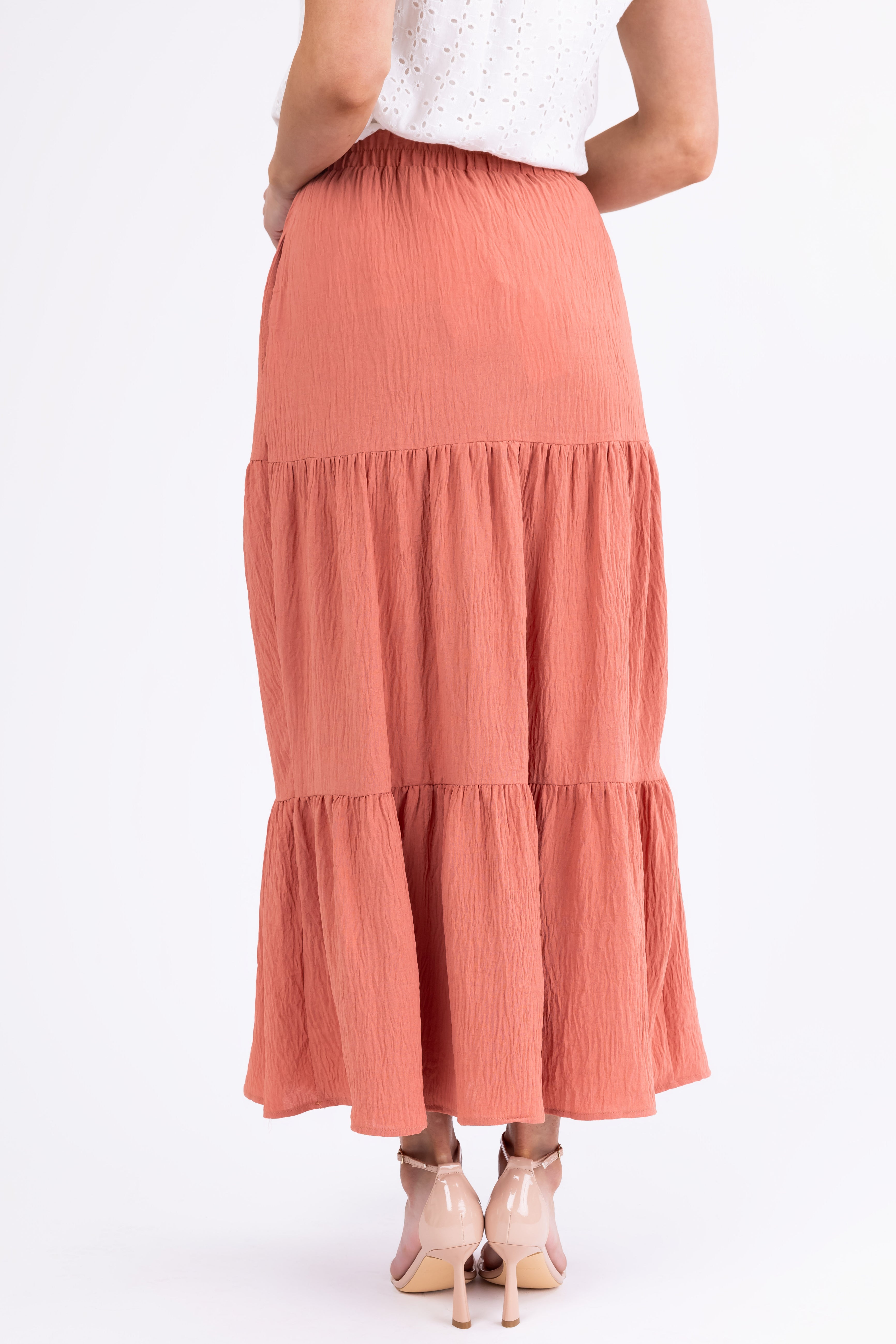 Hazy Coral Tiered Gauze Textured Maxi Skirt-Newayad