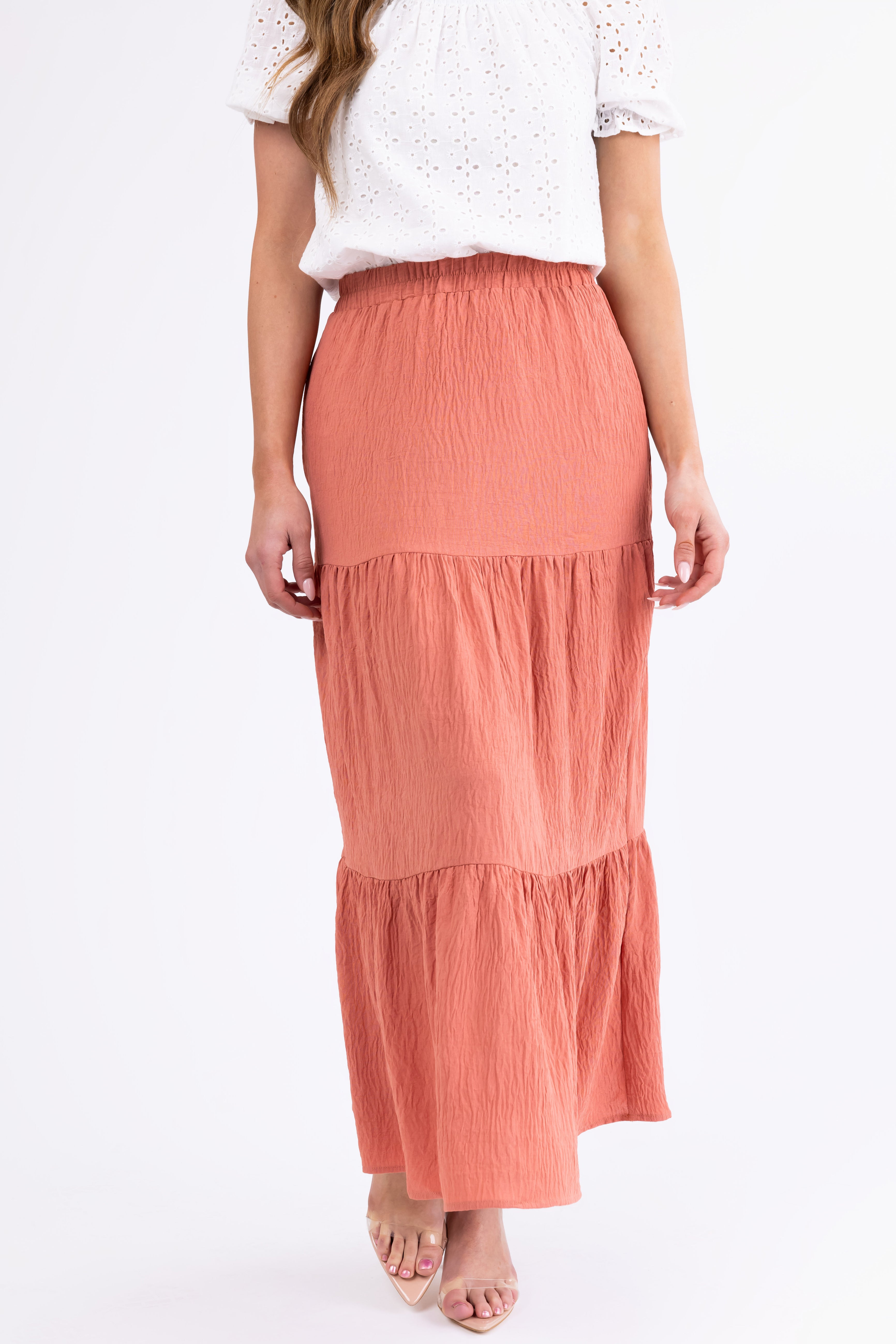 Hazy Coral Tiered Gauze Textured Maxi Skirt-Newayad