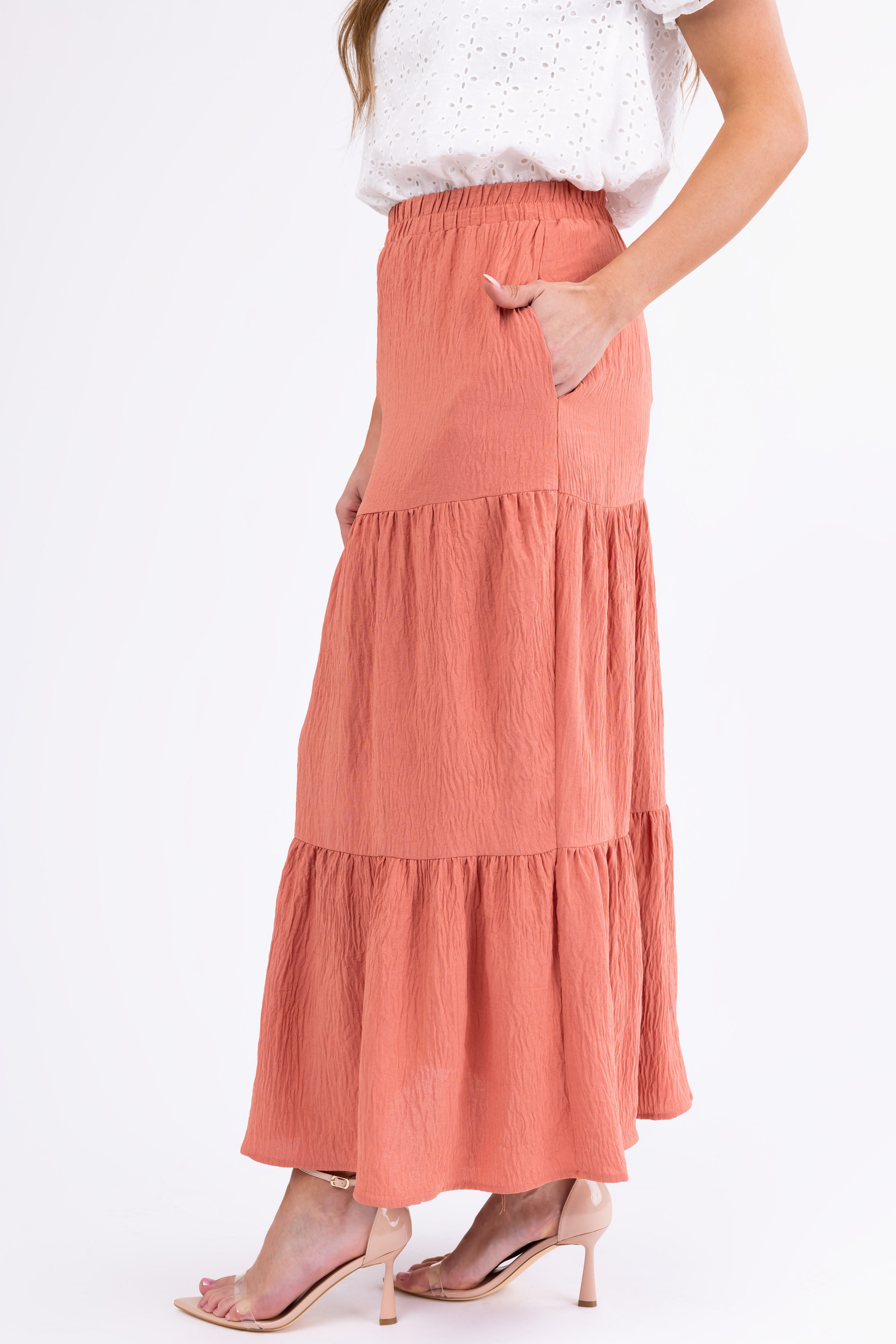 Hazy Coral Tiered Gauze Textured Maxi Skirt-Newayad
