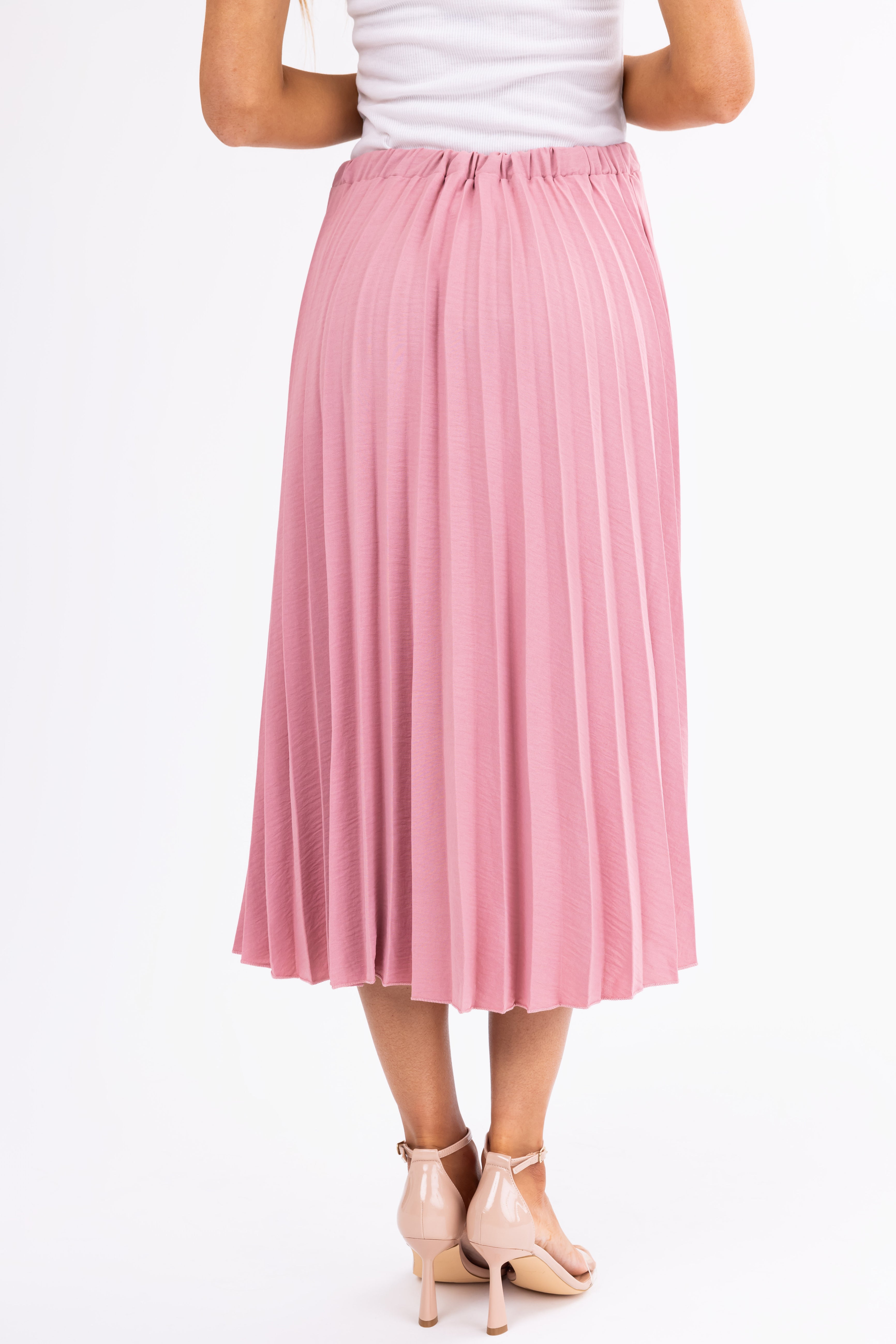 Hazy Pink Pleated Elastic Waist Midi Skirt-Newayad