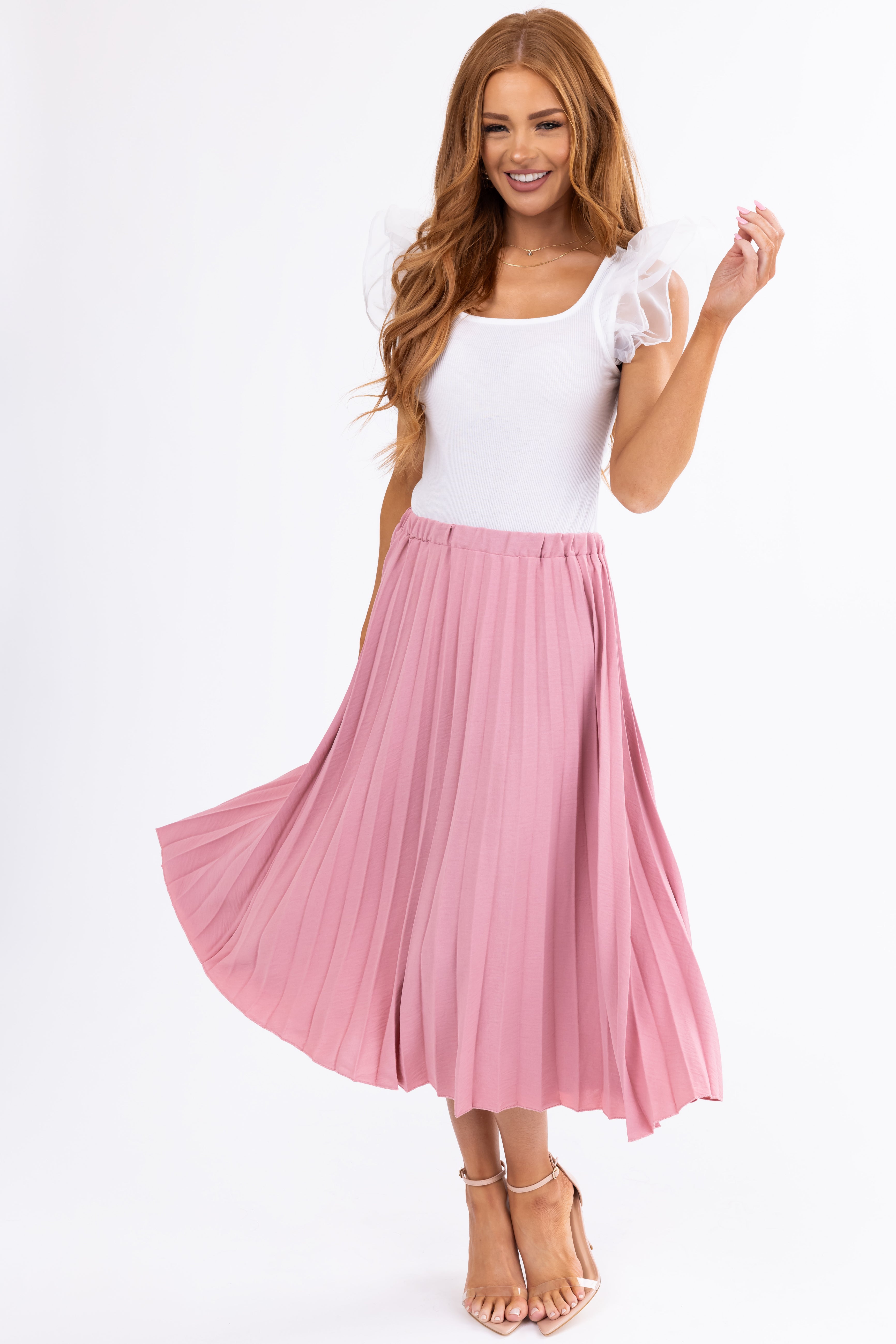 Hazy Pink Pleated Elastic Waist Midi Skirt-Newayad