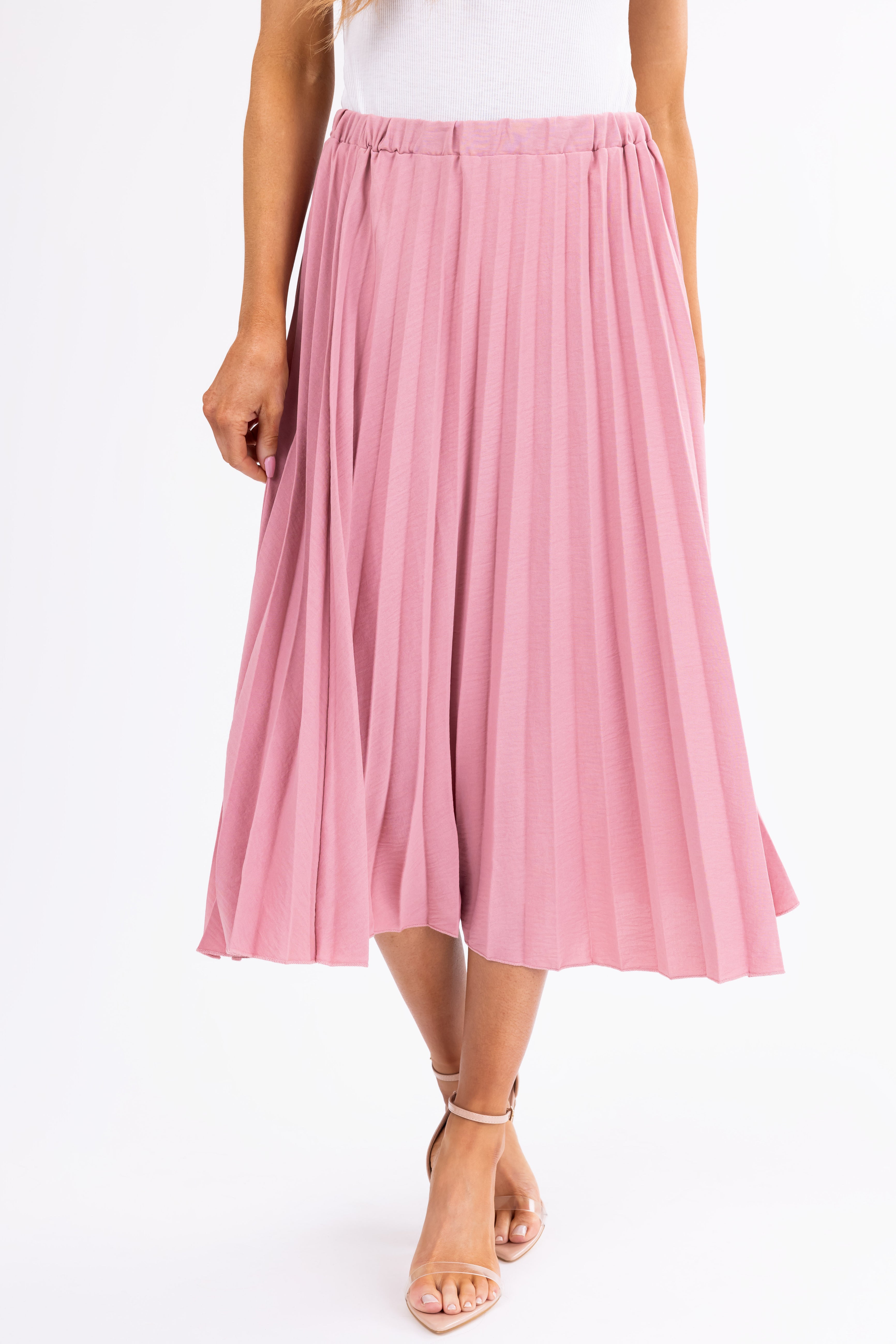 Hazy Pink Pleated Elastic Waist Midi Skirt-Newayad