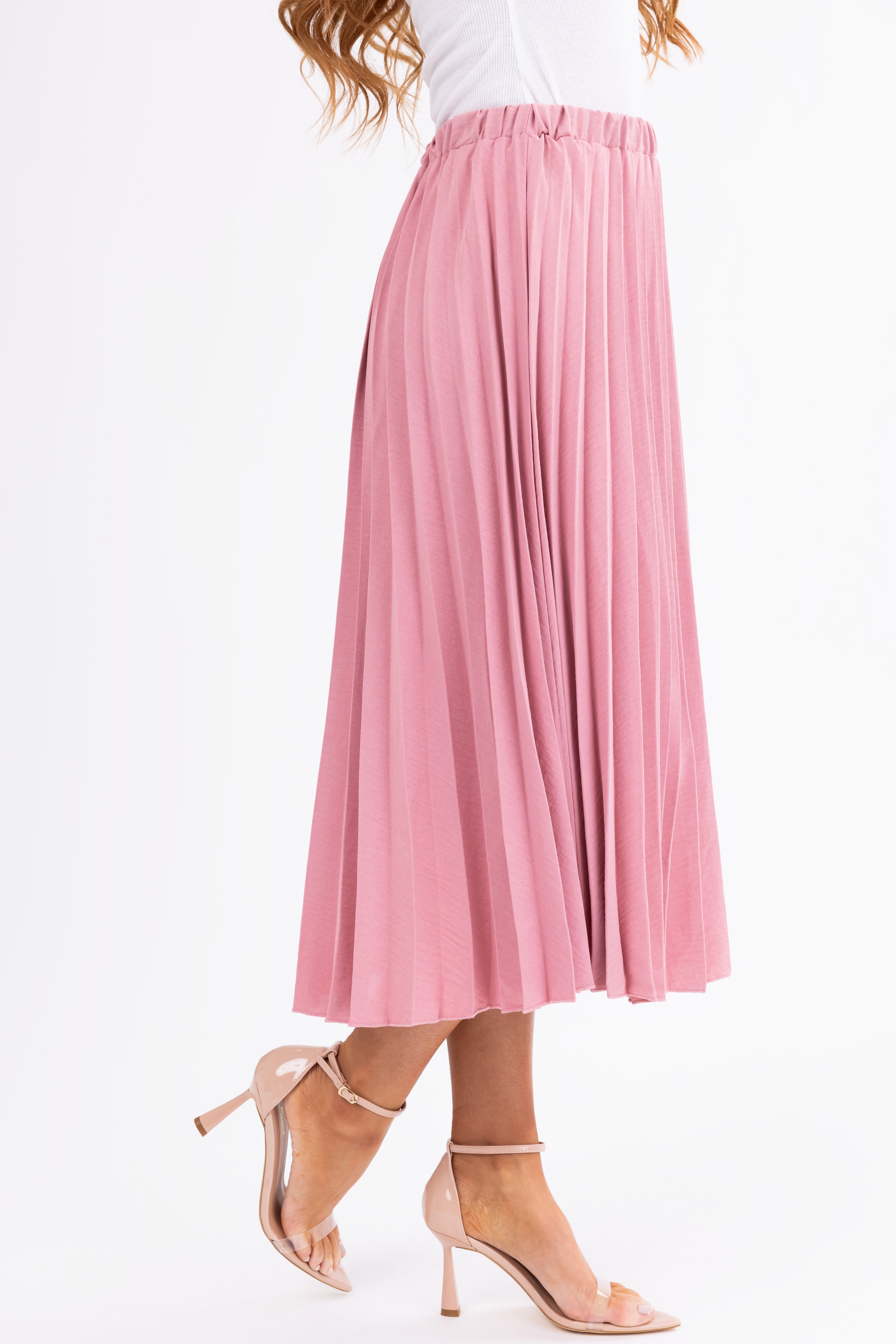Hazy Pink Pleated Elastic Waist Midi Skirt-Newayad