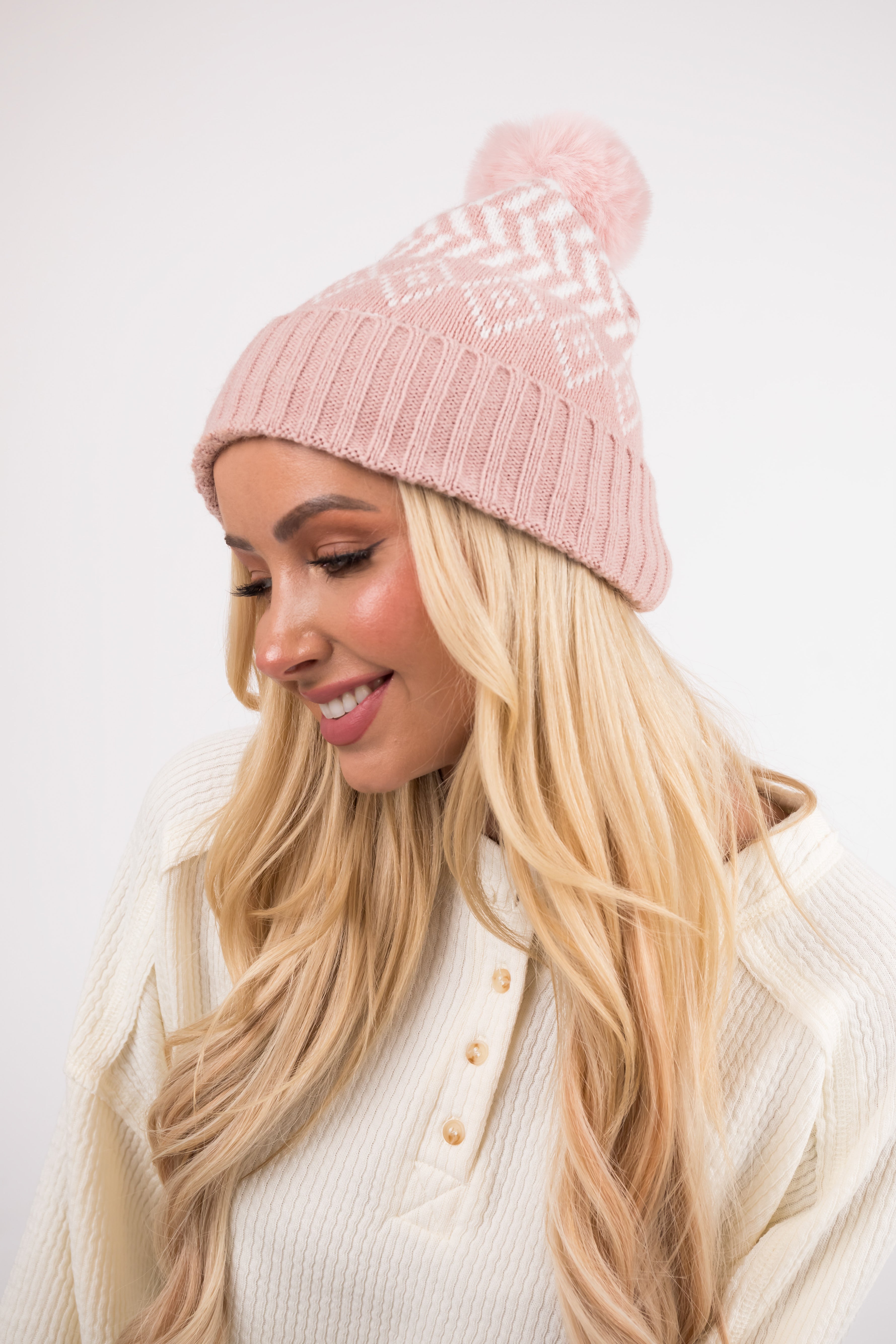 Hazy Blush Printed Faux Fur Pom Pom Beanie-Newayad