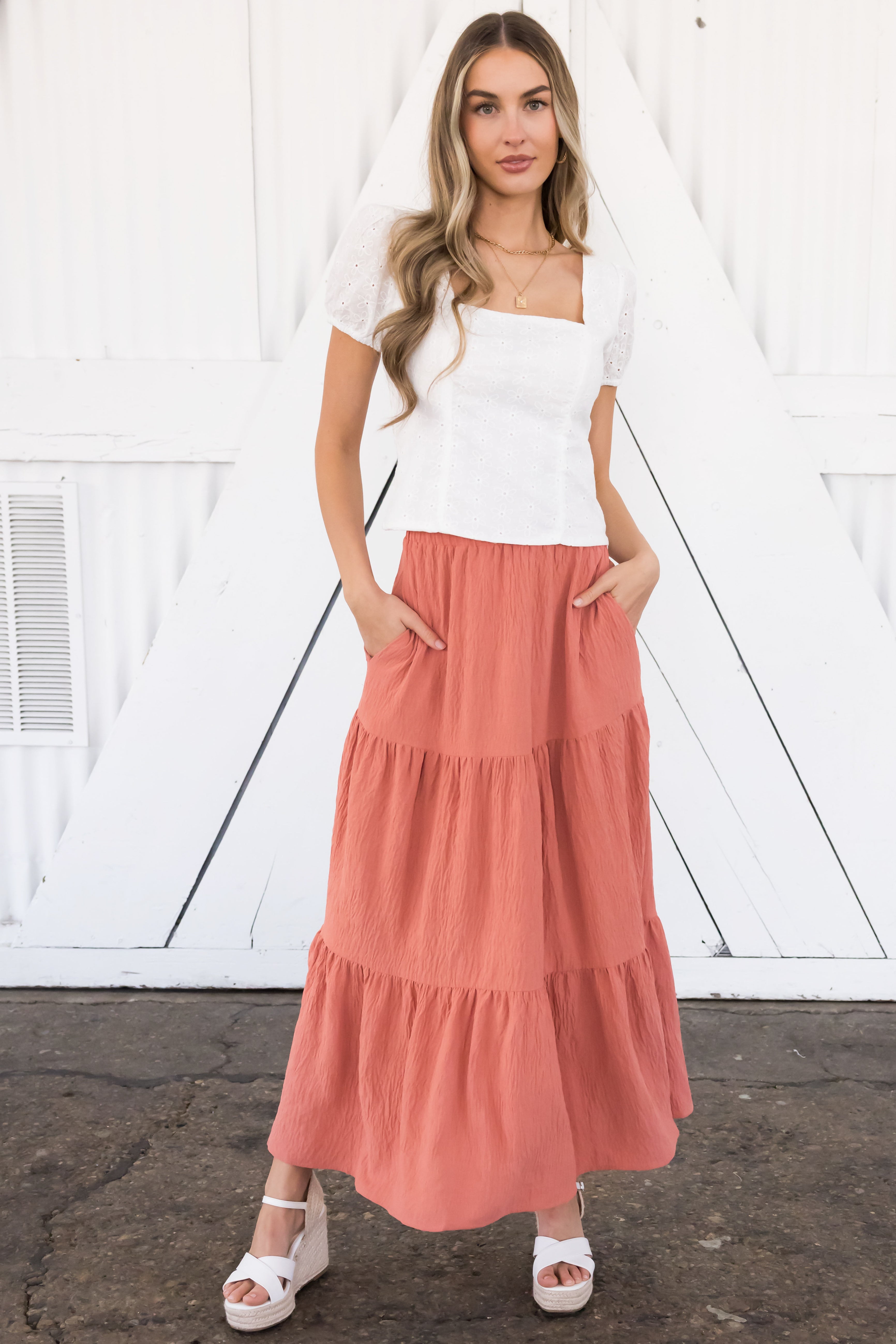 Hazy Coral Tiered Gauze Textured Maxi Skirt-Newayad