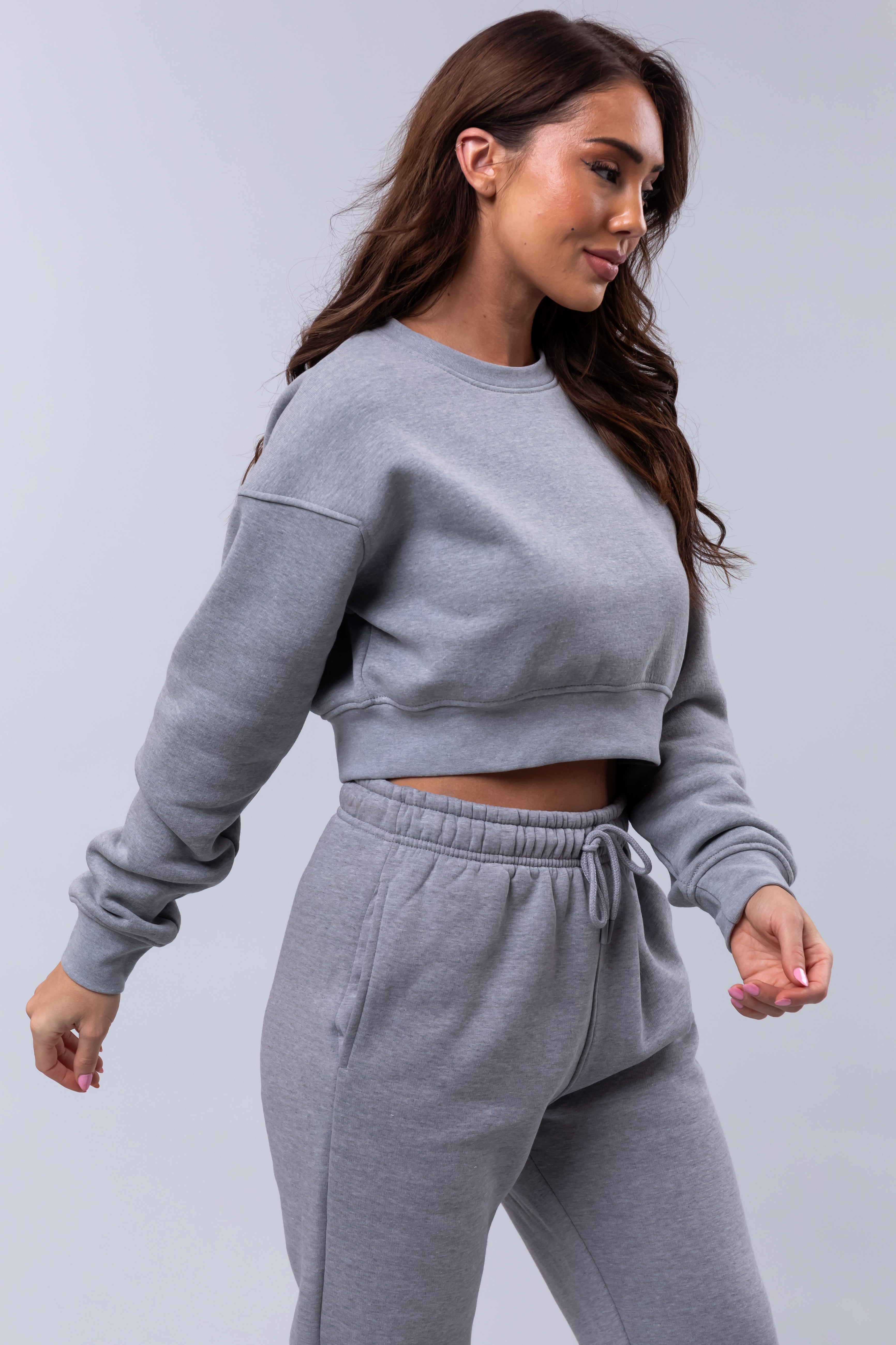 Heather Grey Fleece Cropped Sweatshirt-Newayad