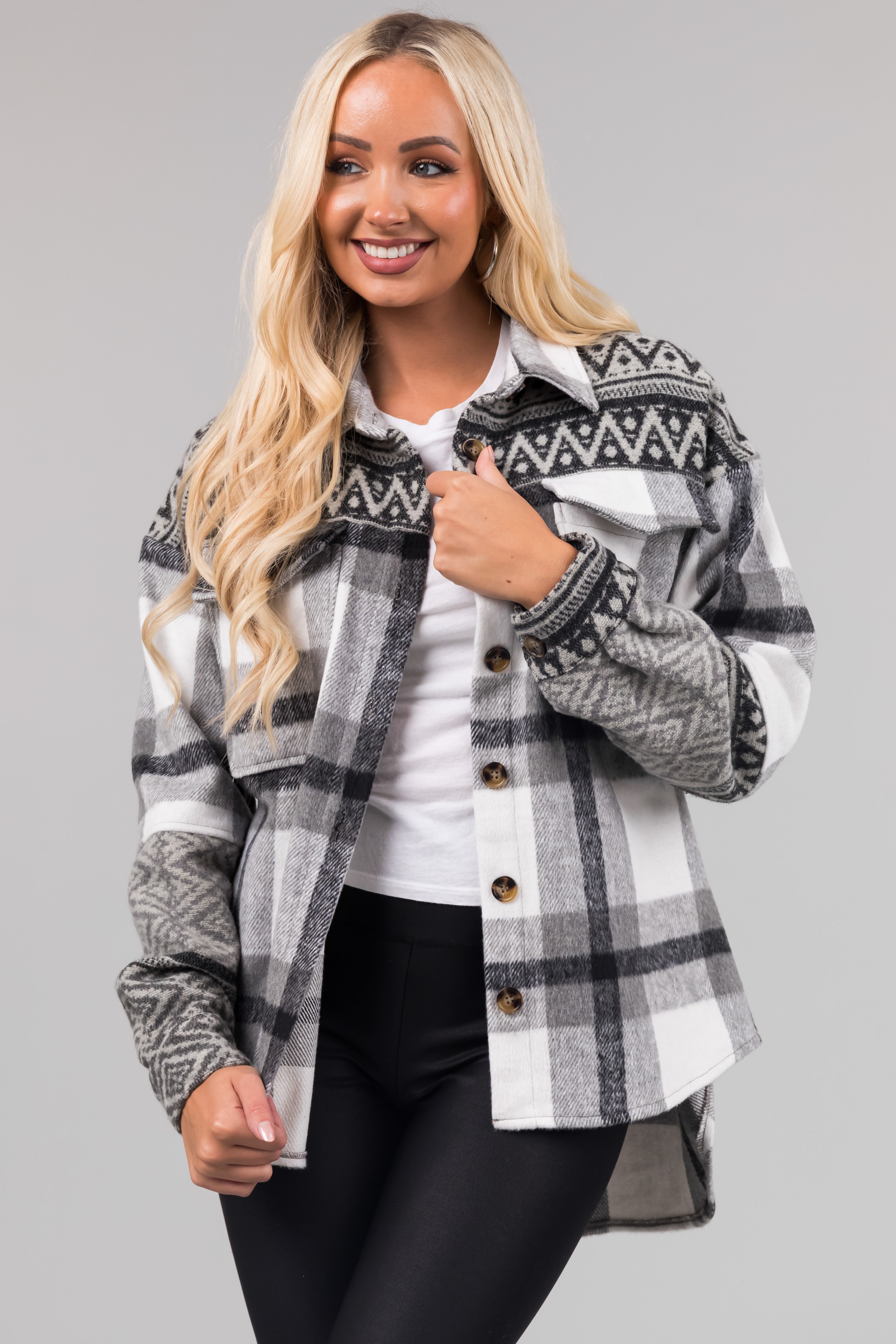 Heather Grey Plaid Shacket with Aztec Print Contrast-Newayad