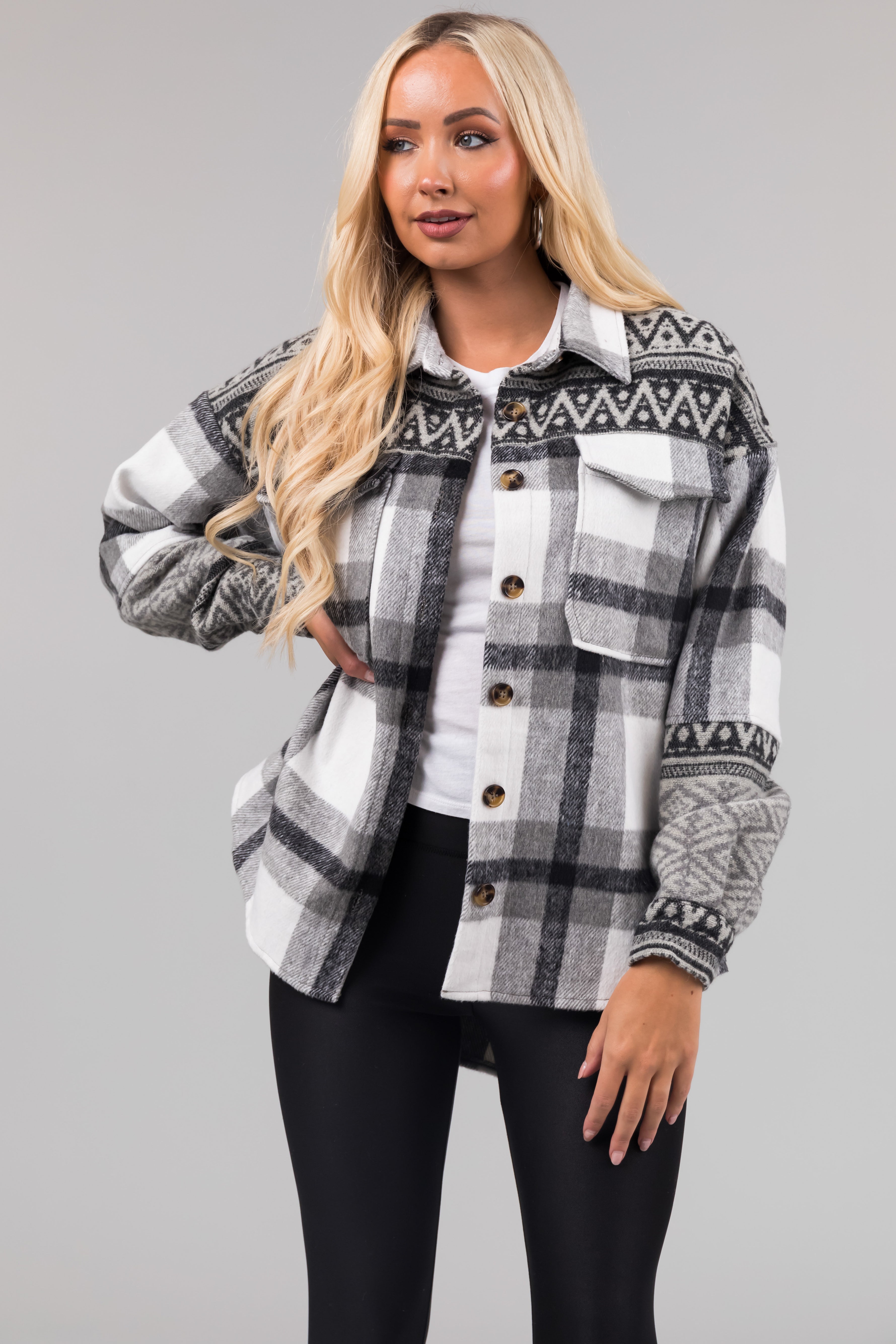 Heather Grey Plaid Shacket with Aztec Print Contrast-Newayad