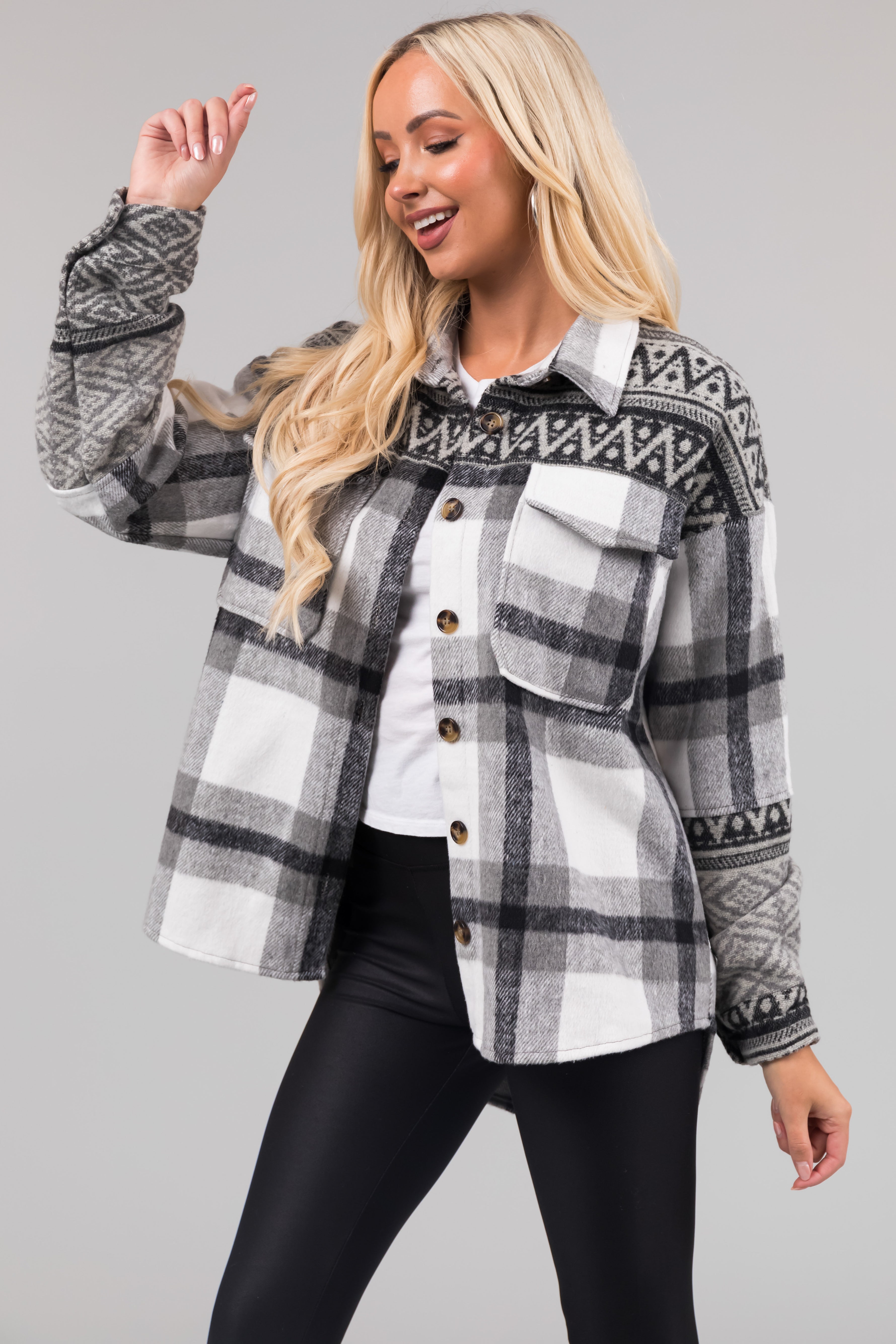 Heather Grey Plaid Shacket with Aztec Print Contrast-Newayad