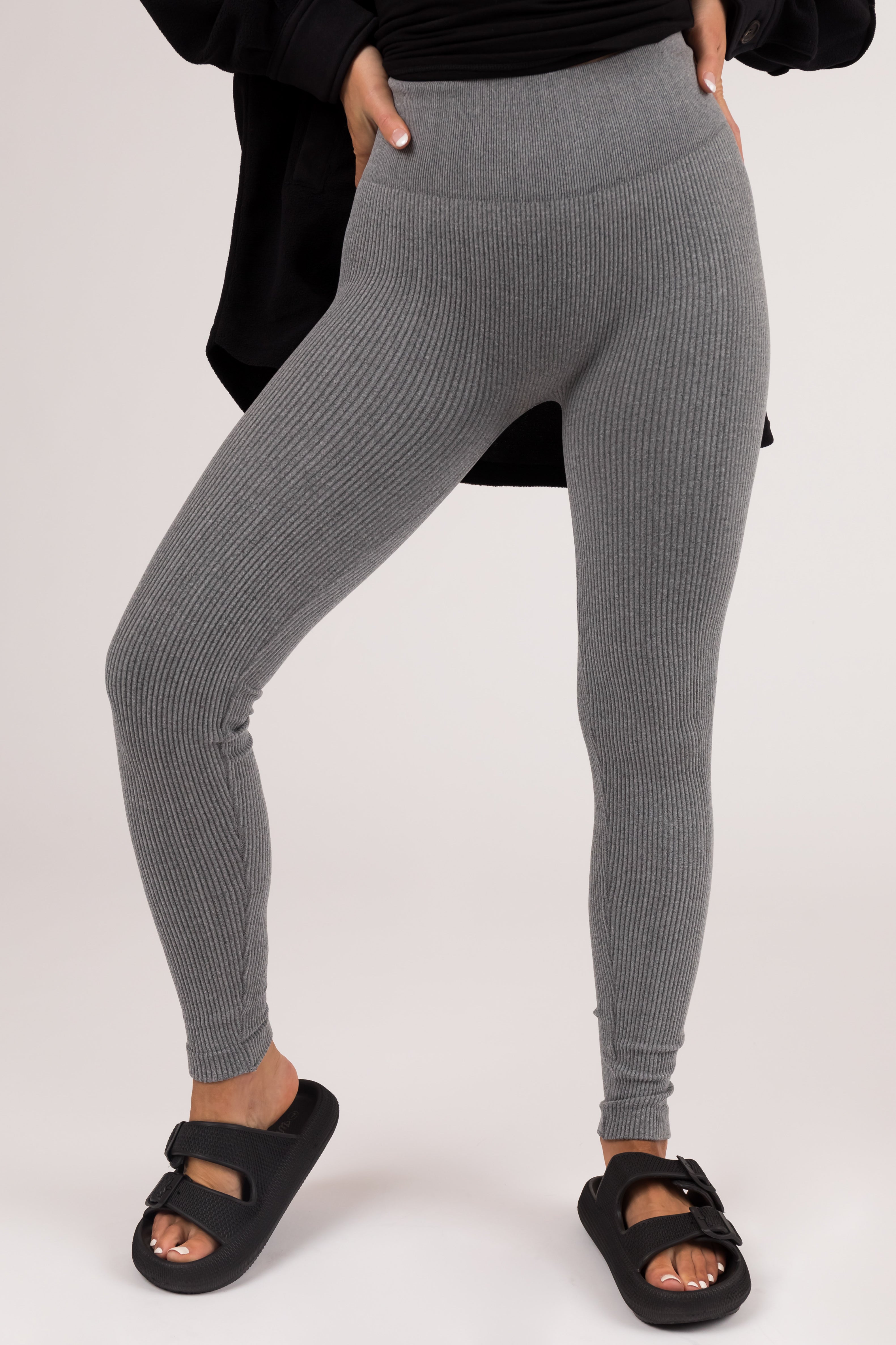 Heather Grey Ribbed Knit Seamless Leggings-Newayad