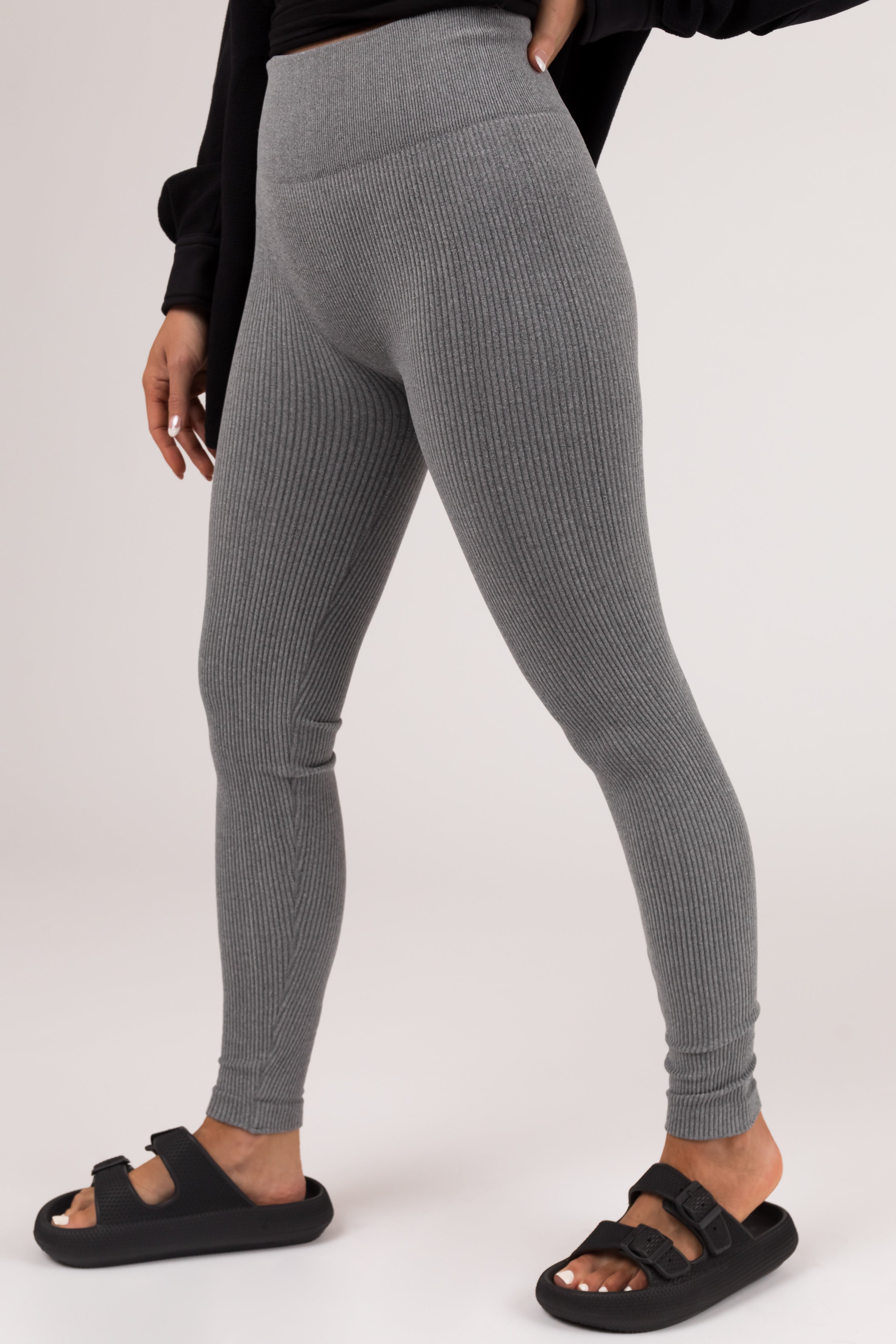 Heather Grey Ribbed Knit Seamless Leggings-Newayad