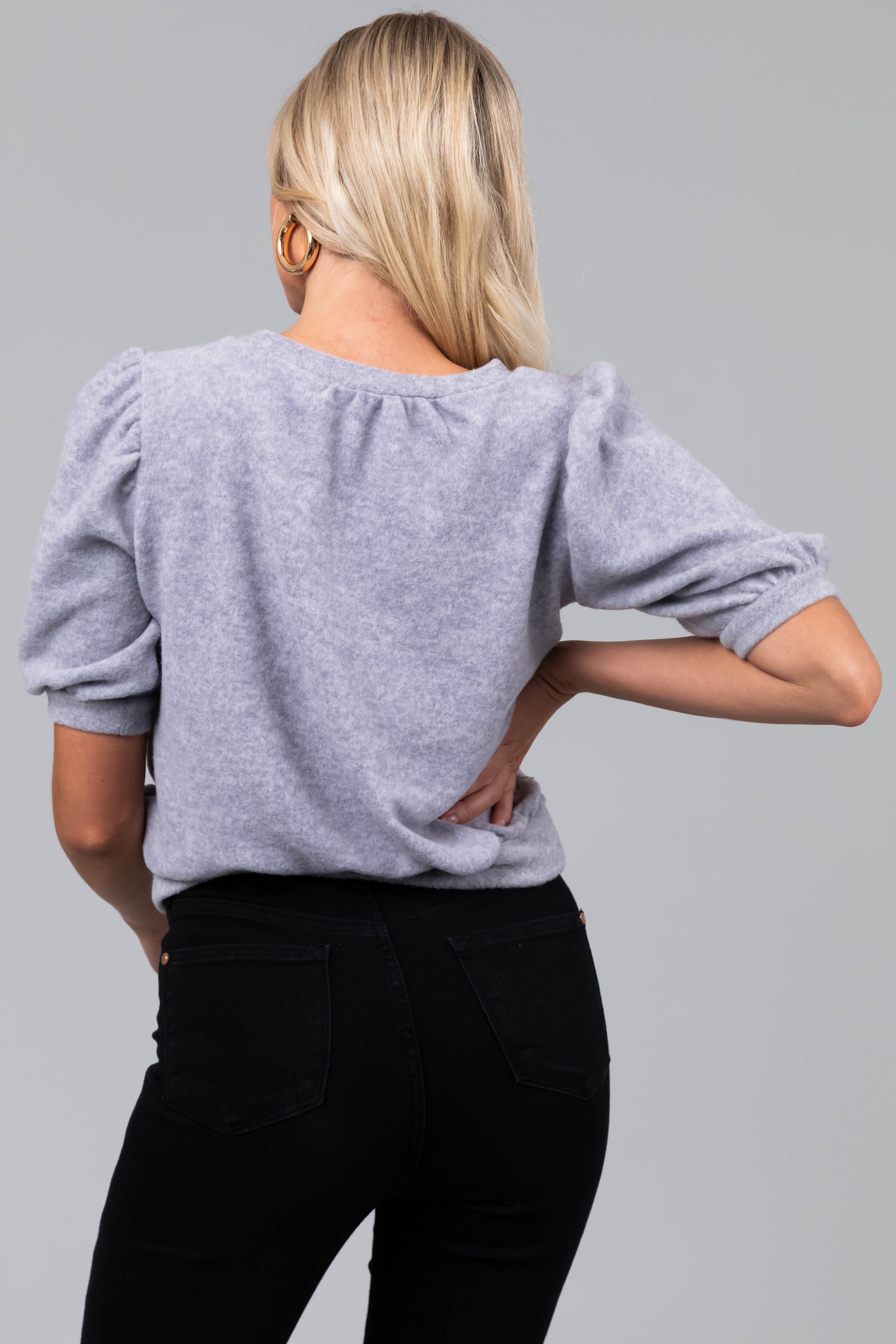 Heathered Grey Puff Sleeve Brushed Knit Top-Newayad